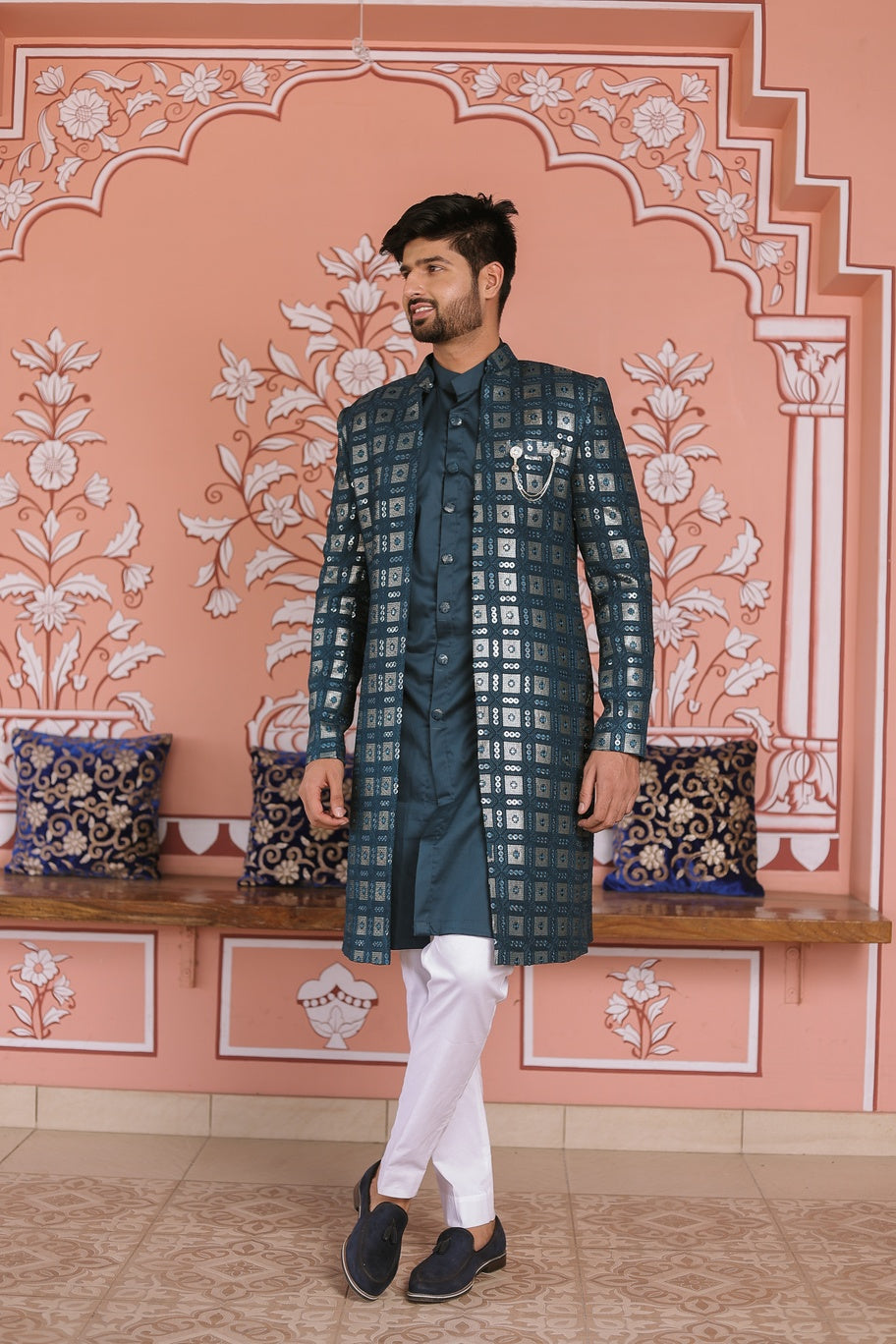 Teal Blue Embroidered Sherwani set