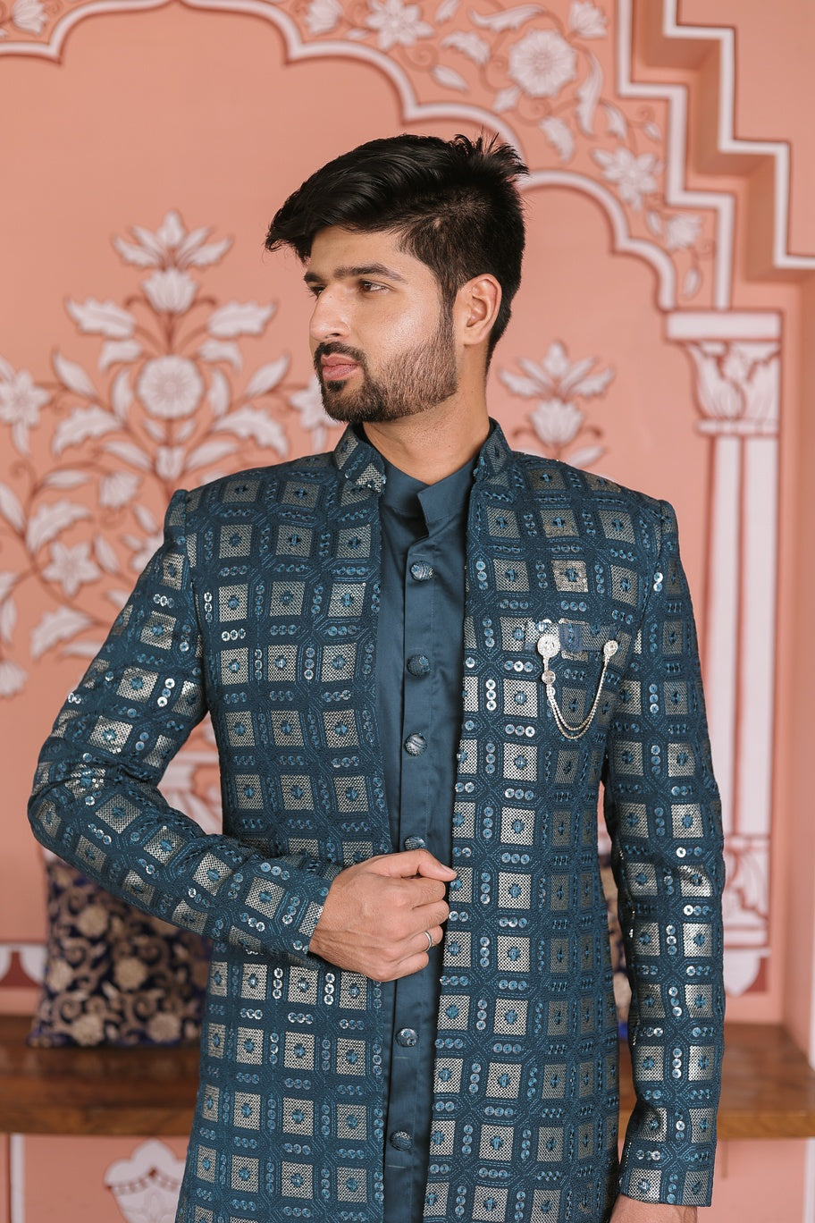 Teal Blue Embroidered Sherwani set