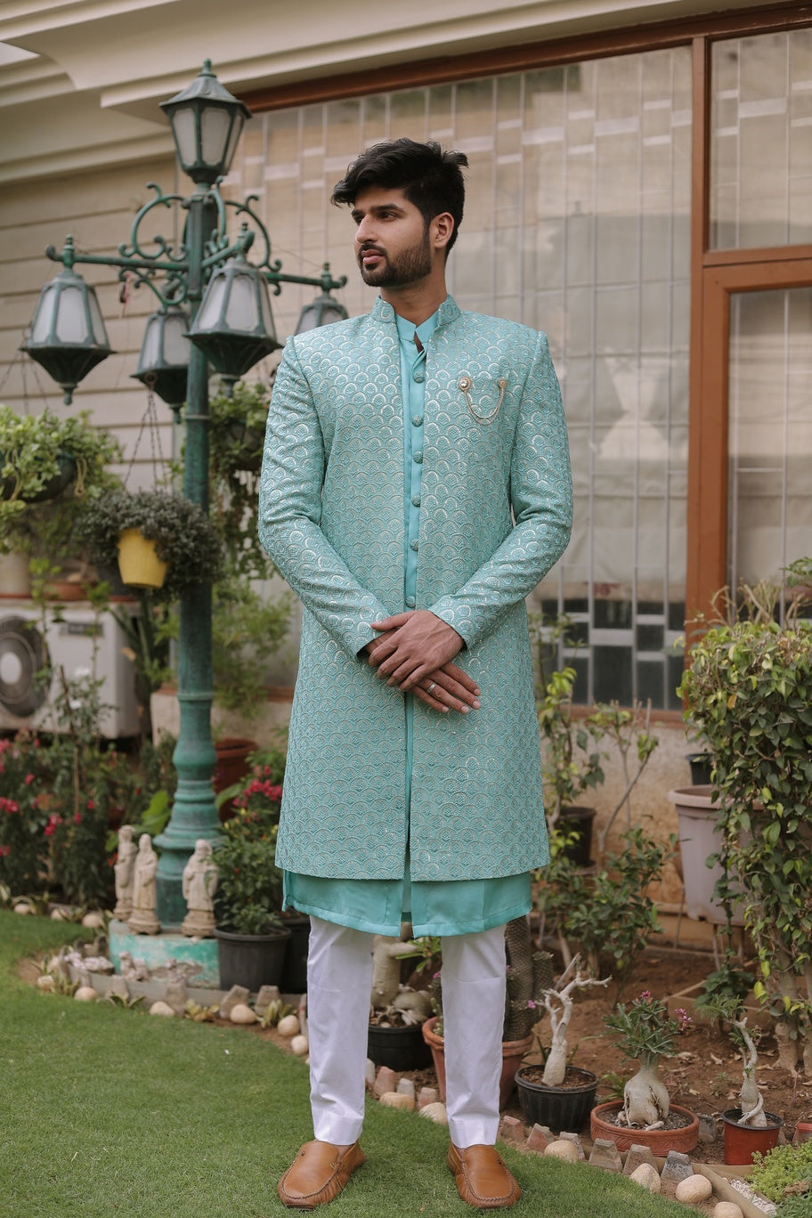 Caded Blue Chikankari Sherwani