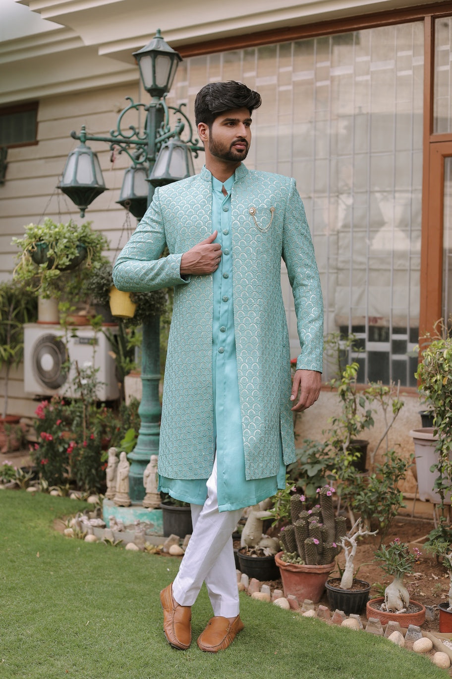 Caded Blue Chikankari Sherwani