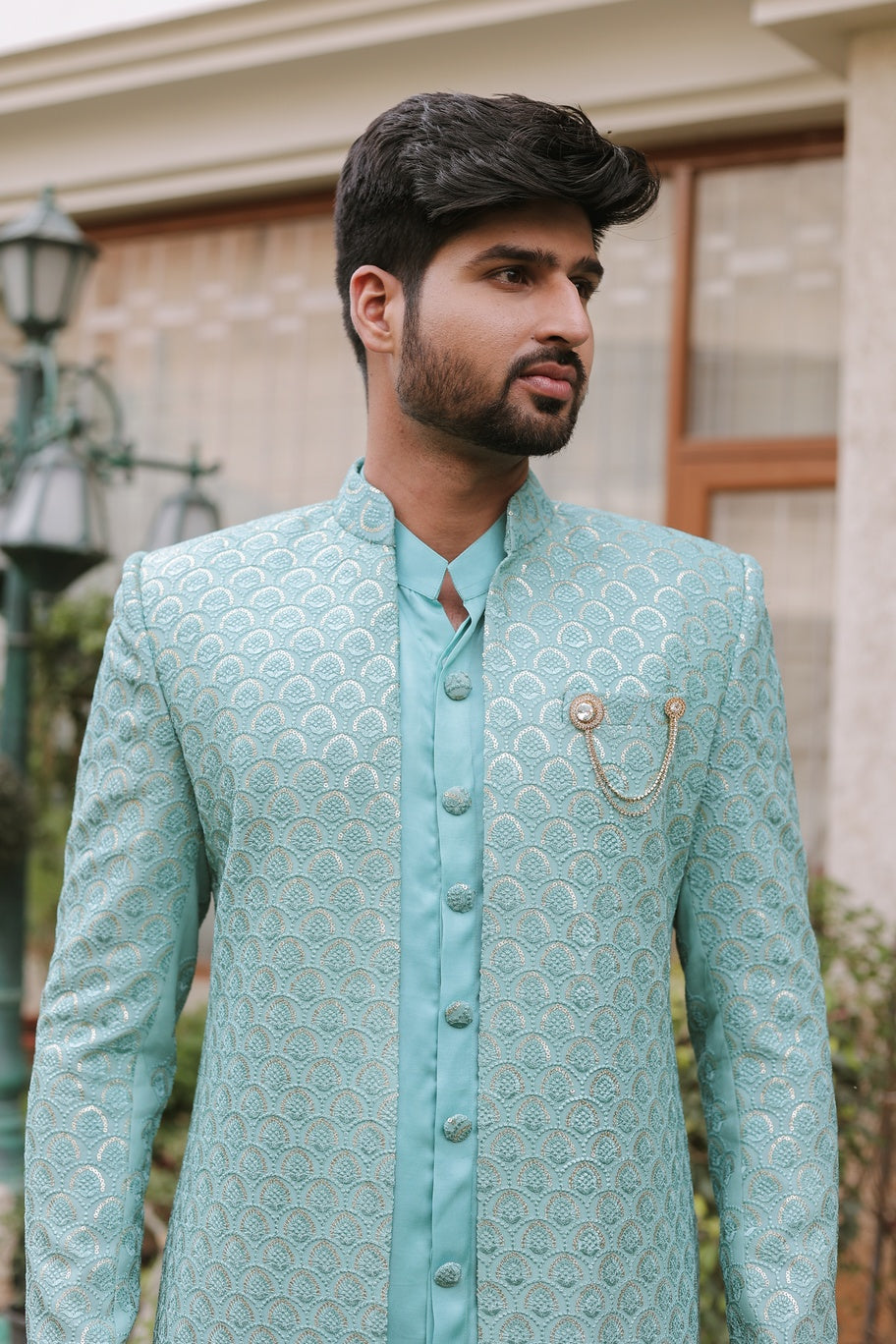 Caded Blue Chikankari Sherwani