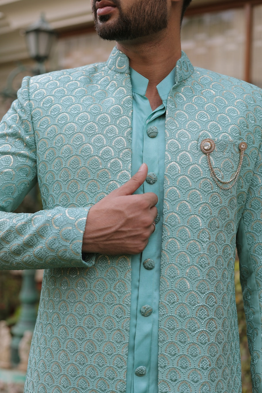 Caded Blue Chikankari Sherwani