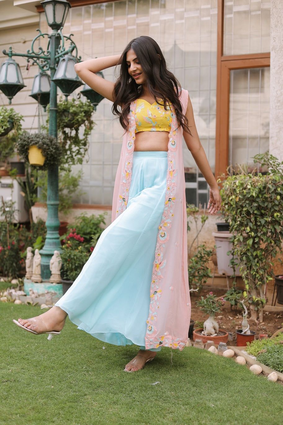 Multi Sequence Tube Top Plazo Set With Shrug