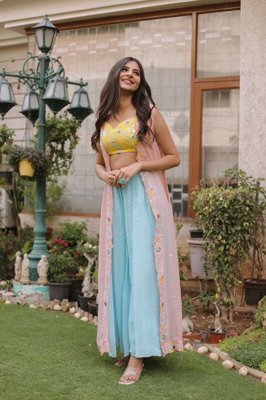 Multi Sequence Tube Top Plazo Set With Shrug