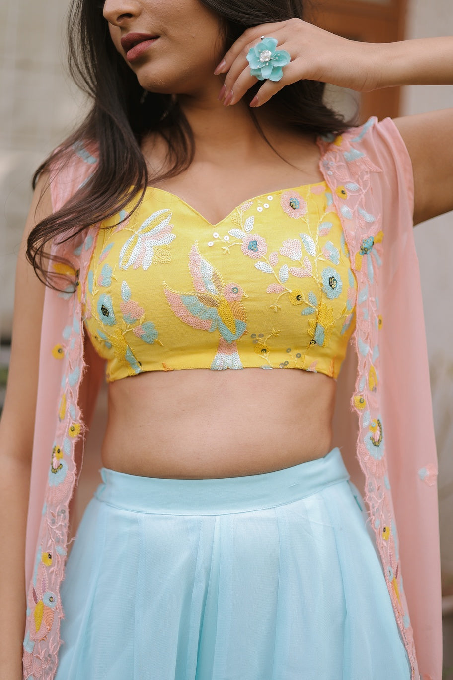 Multi Sequence Tube Top Plazo Set With Shrug