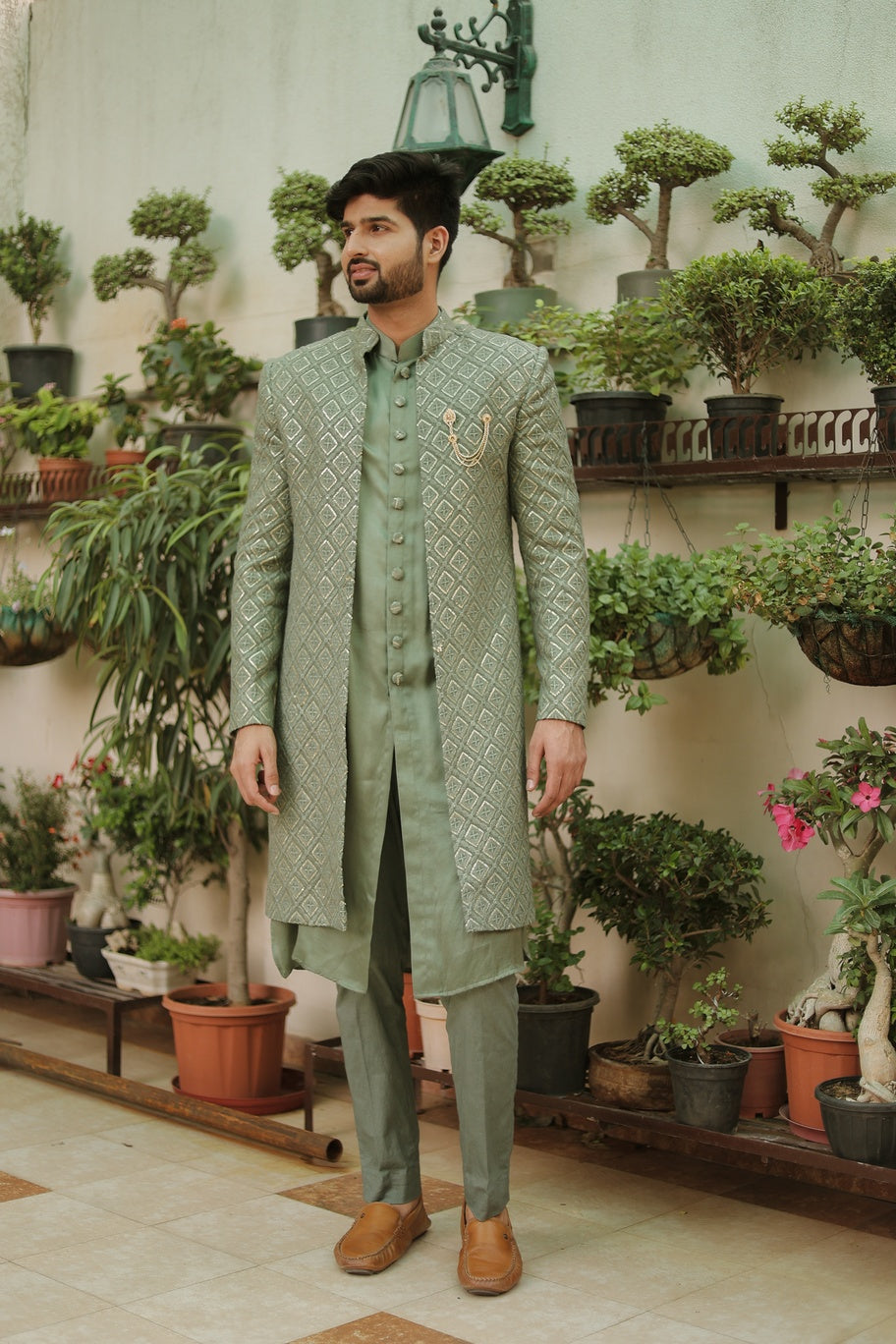 Dusty Green Chikankari Sherwani