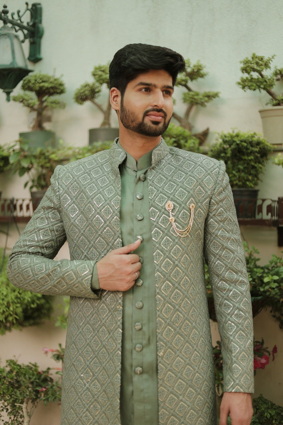 Dusty Green Chikankari Sherwani