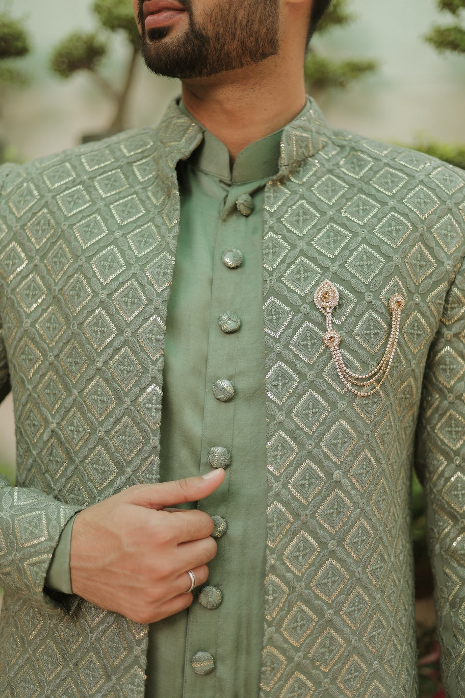 Dusty Green Chikankari Sherwani
