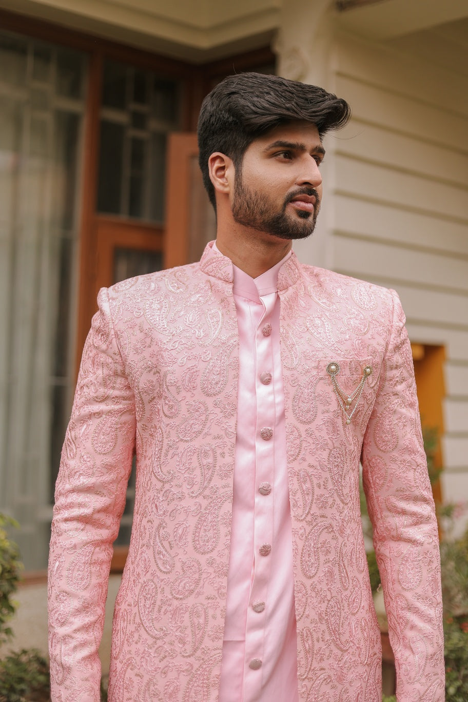 Powder Pink Embroidery Sherwani