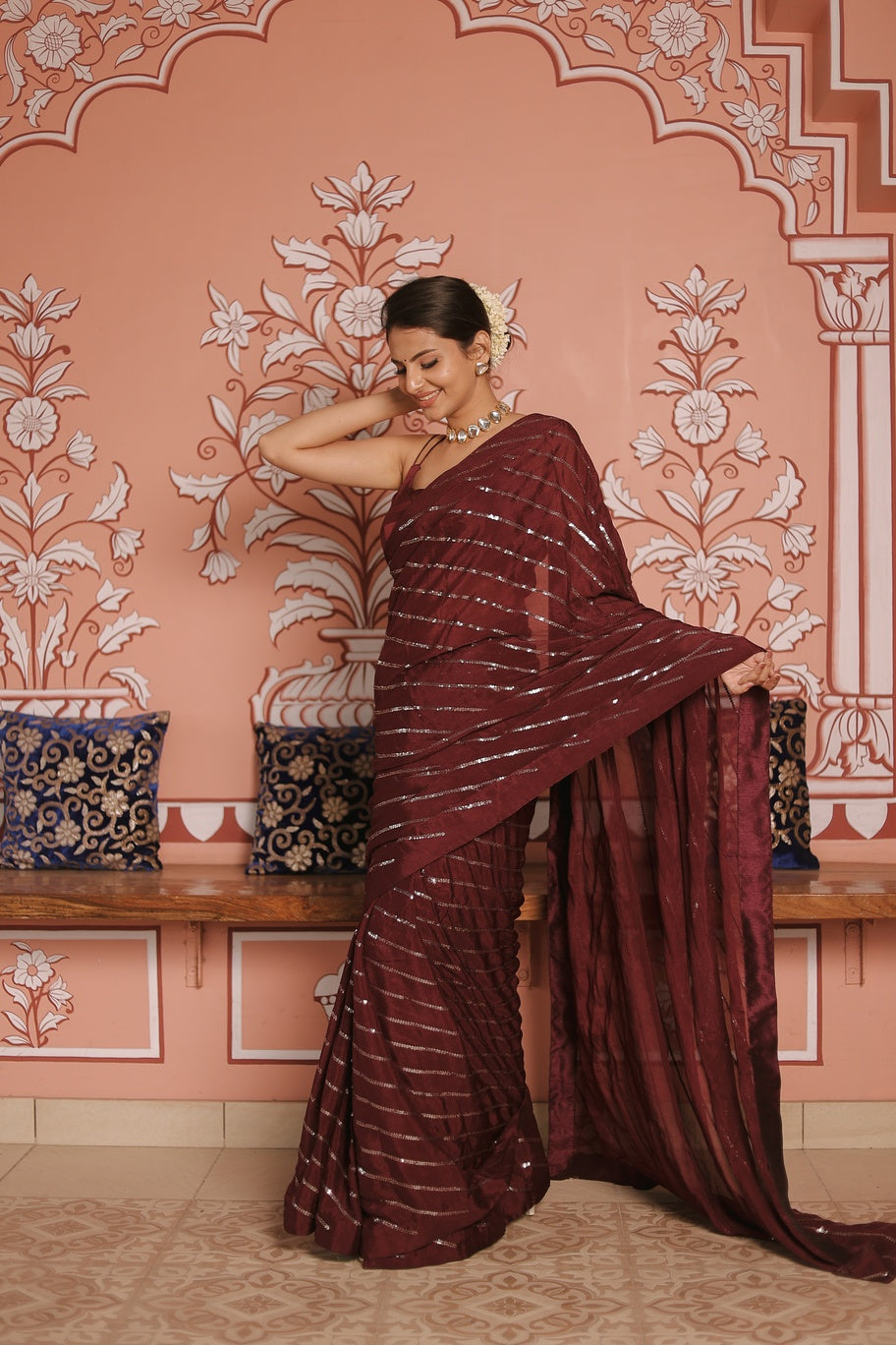 Wine Chinon Sequence Saree