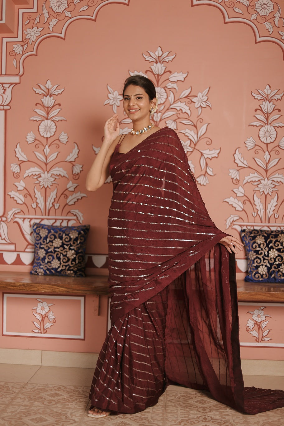 Wine Chinon Sequence Saree