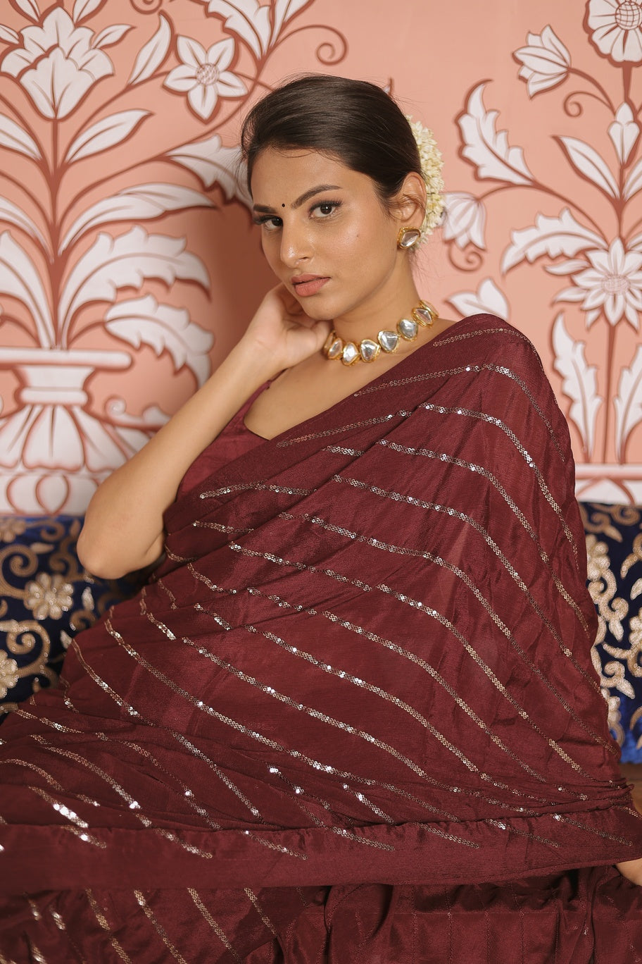 Wine Chinon Sequence Saree
