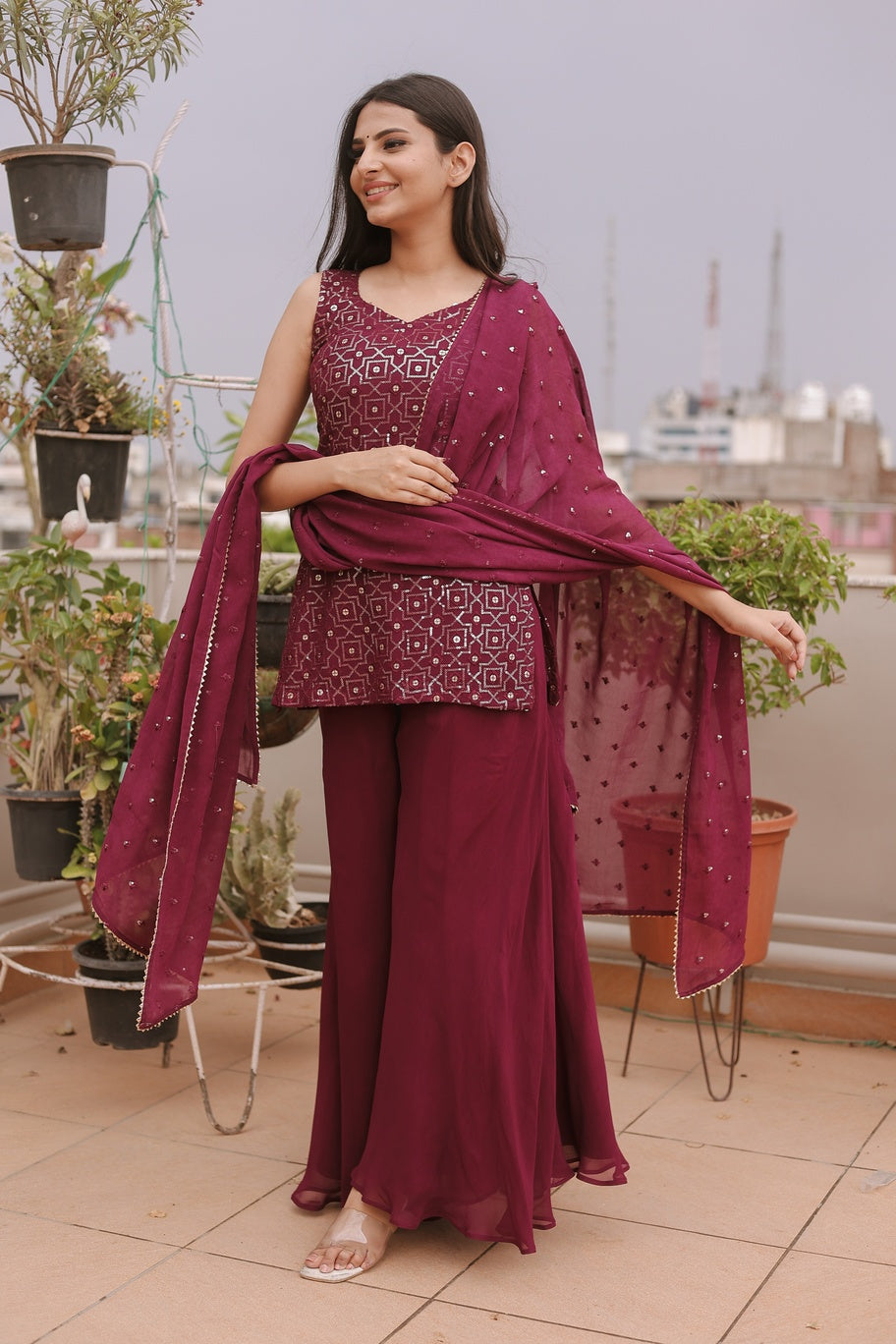 Anira Wine Plazo Suit Set