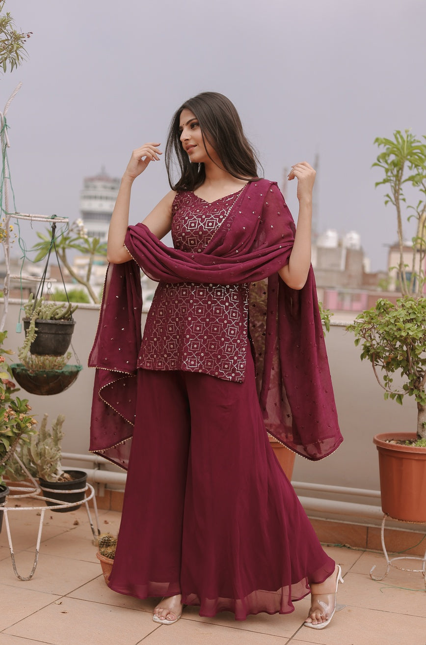 Anira Wine Plazo Suit Set