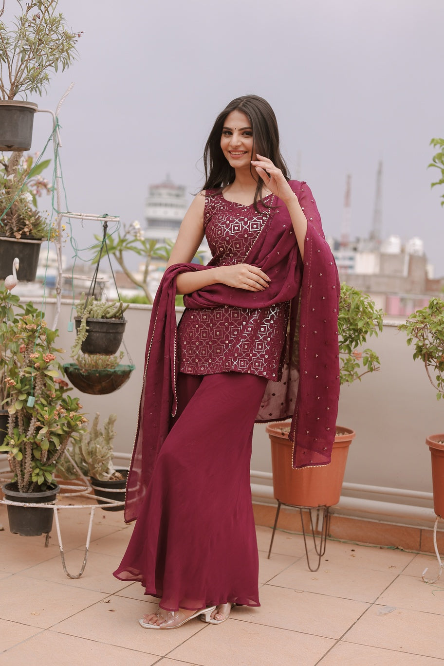 Anira Wine Plazo Suit Set