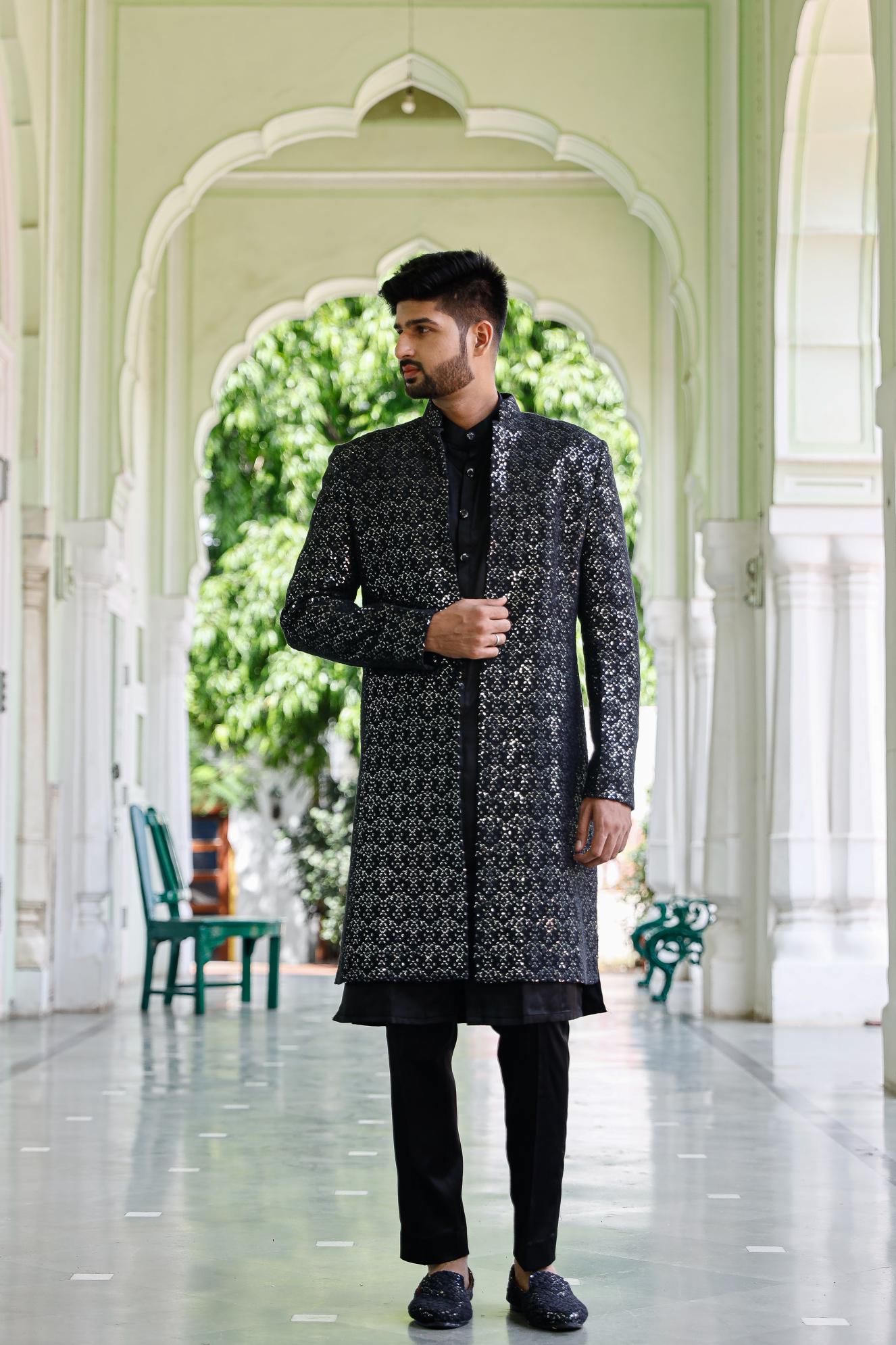 classic black Chikenkari Indowestern Set with shoe