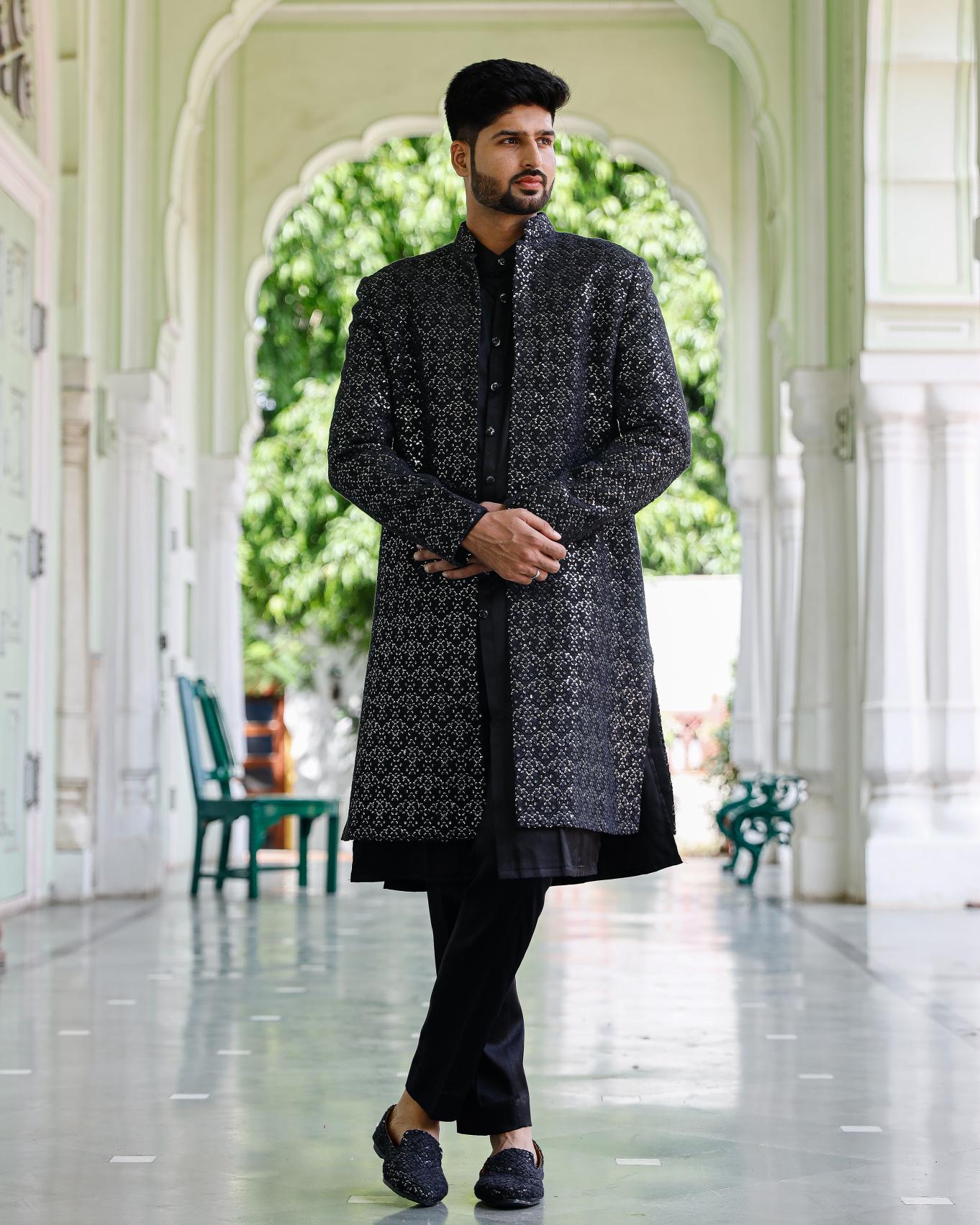 classic black Chikenkari Indowestern Set with shoe