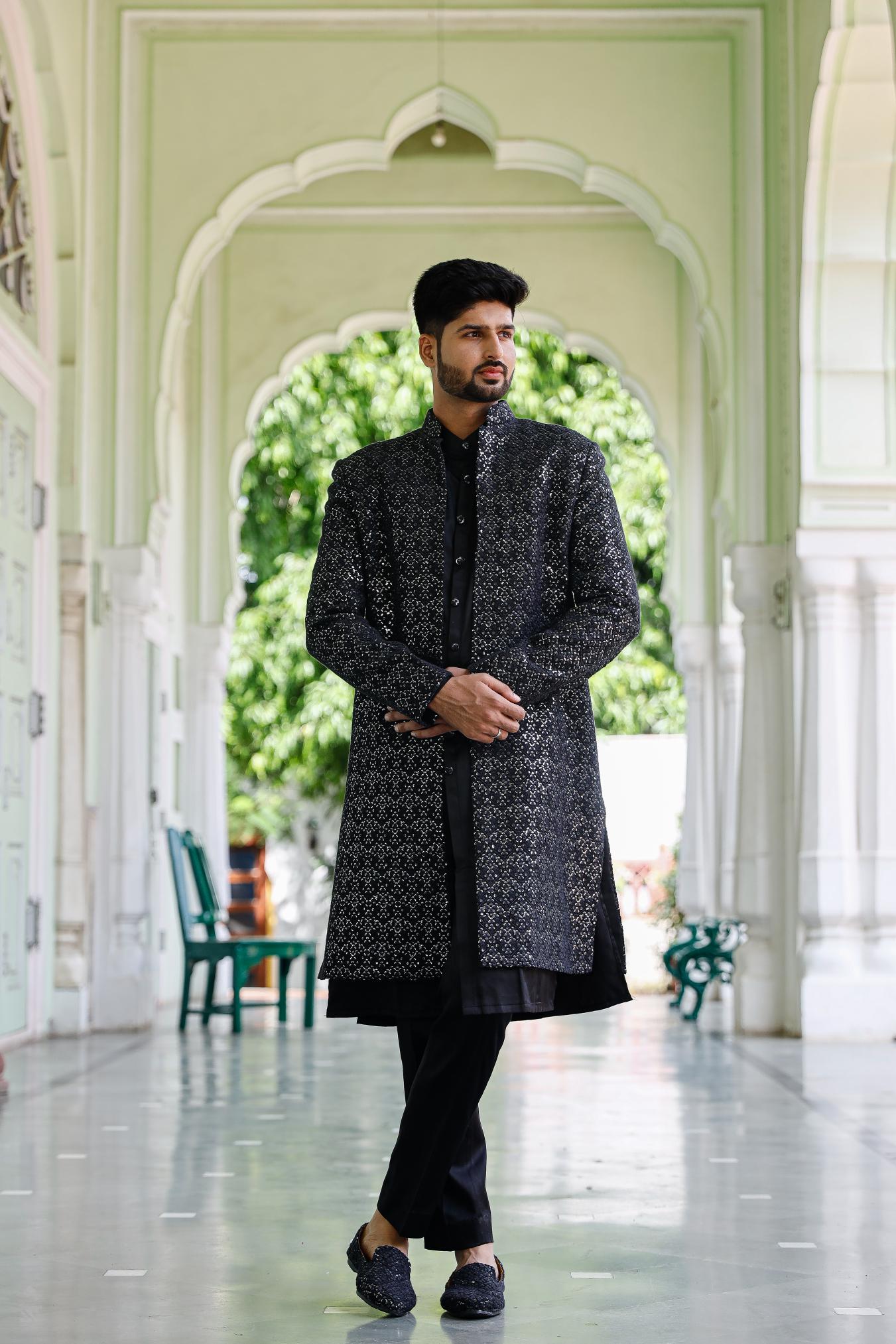 classic black Chikenkari Indowestern Set with shoe
