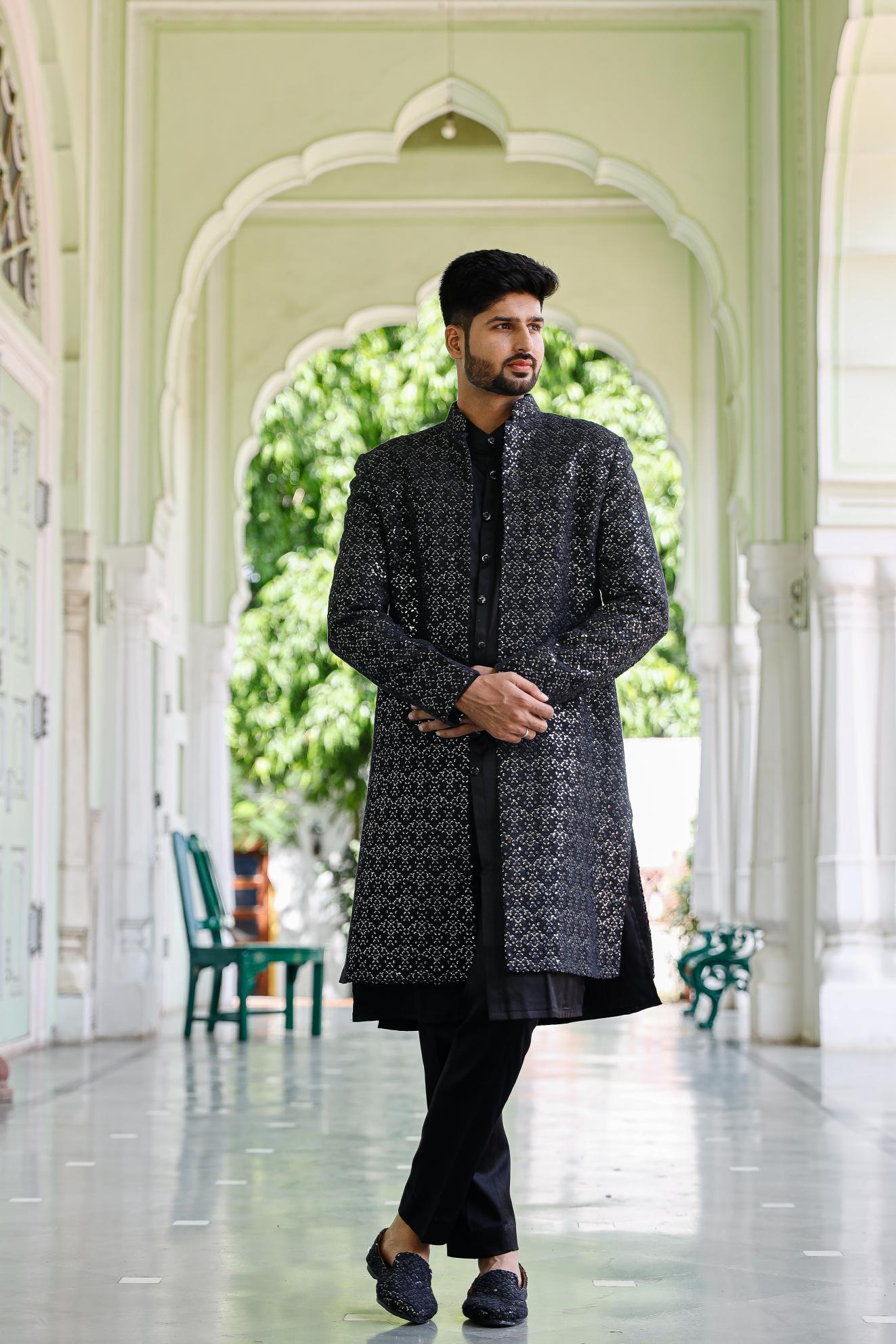 classic black Chikenkari Indowestern Set with shoe