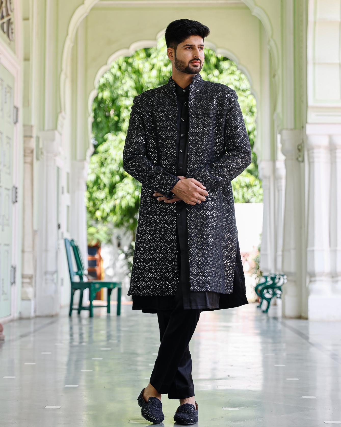 classic black Chikenkari Indowestern Set with shoe
