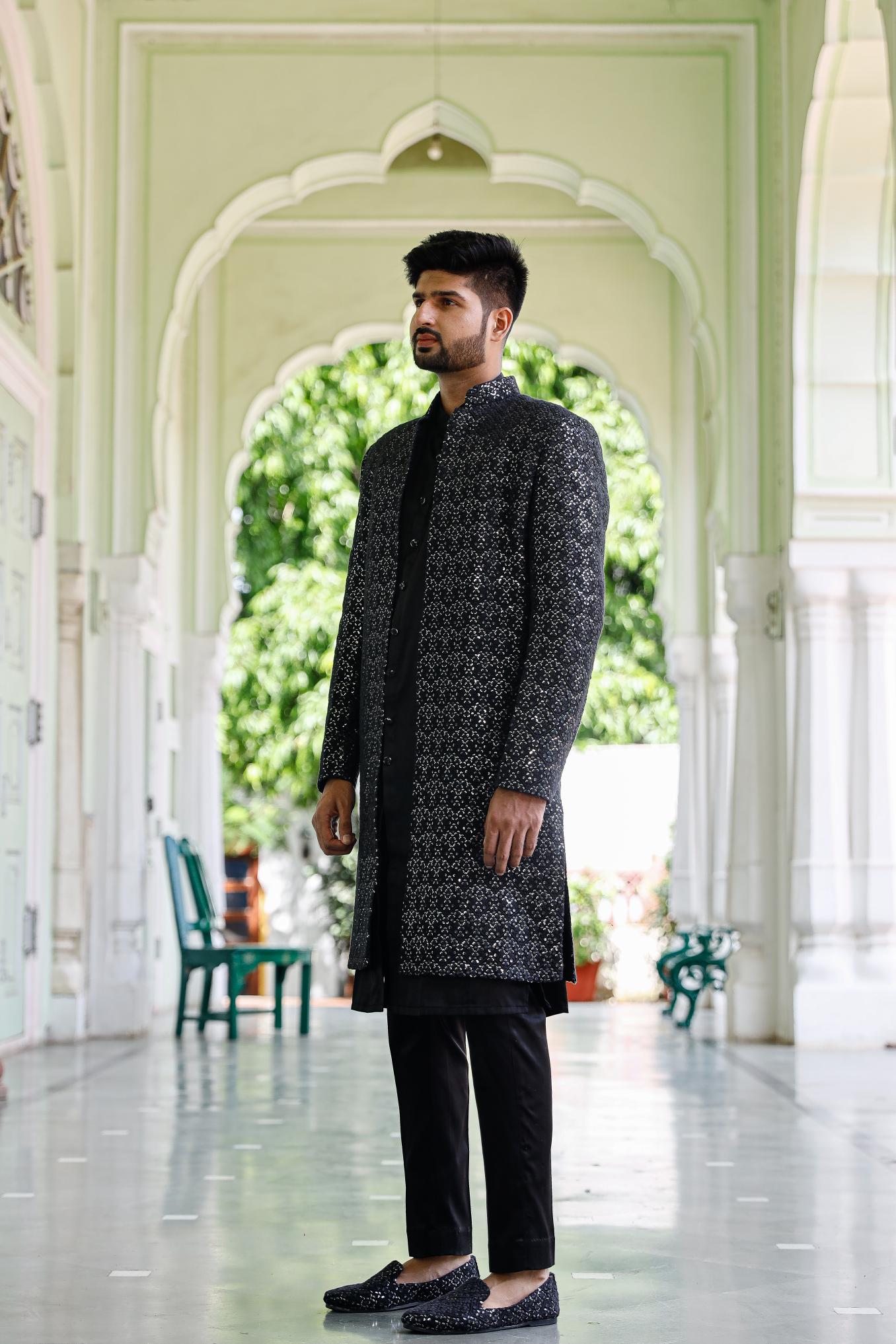 classic black Chikenkari Indowestern Set with shoe