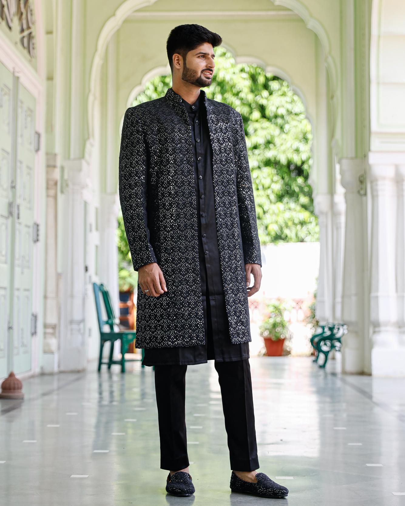 classic black Chikenkari Indowestern Set with shoe