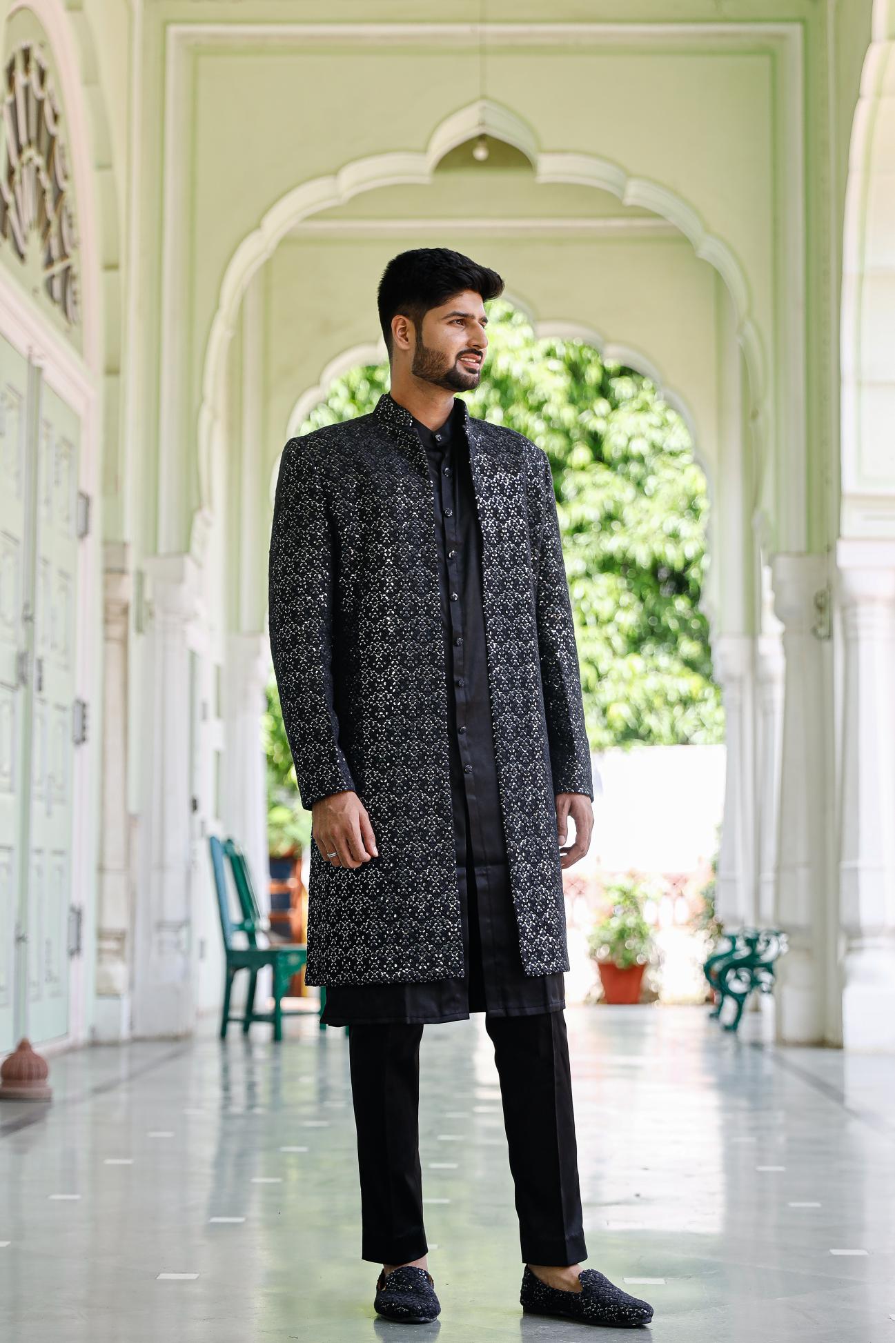 classic black Chikenkari Indowestern Set with shoe