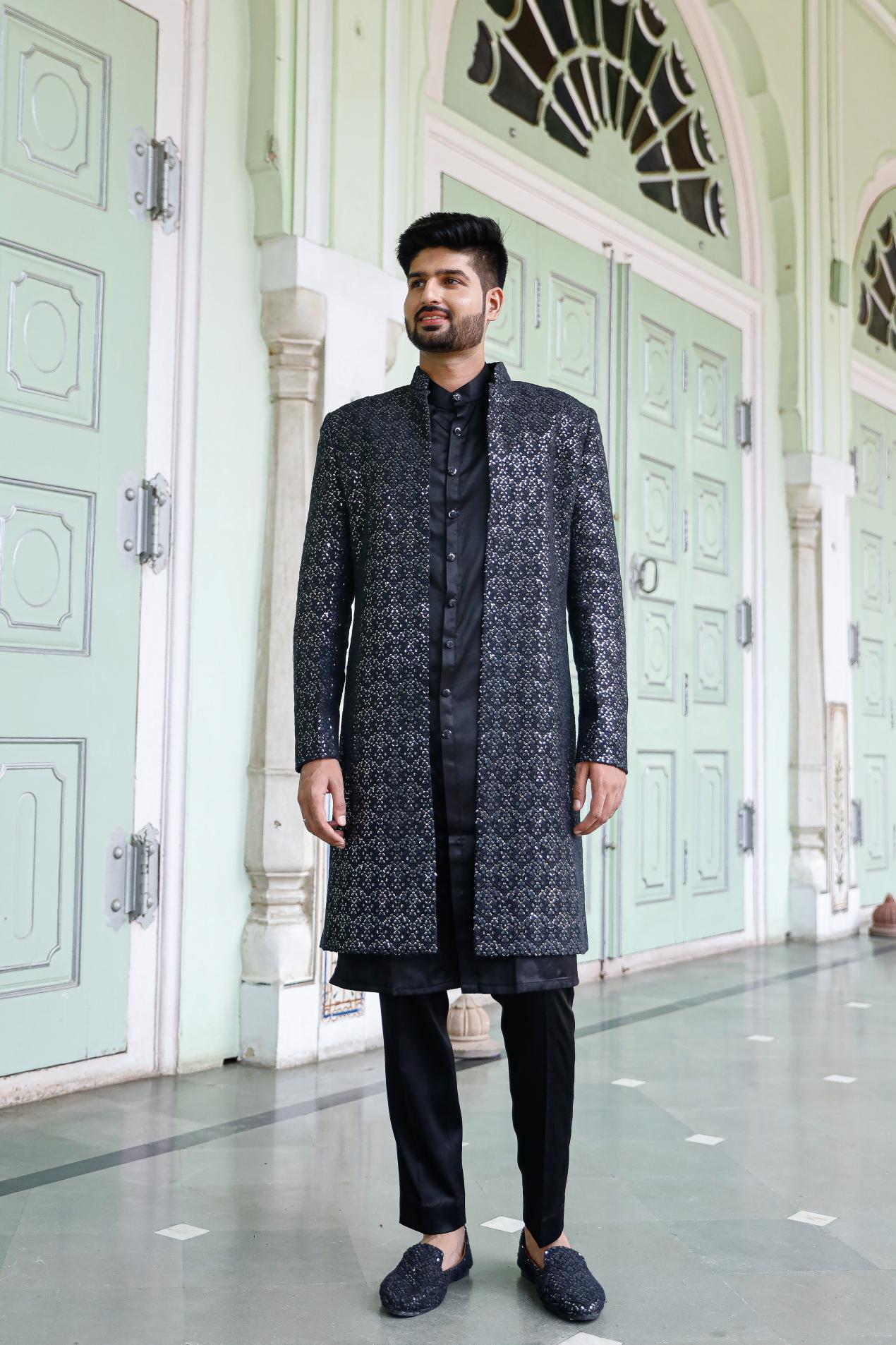 classic black Chikenkari Indowestern Set with shoe