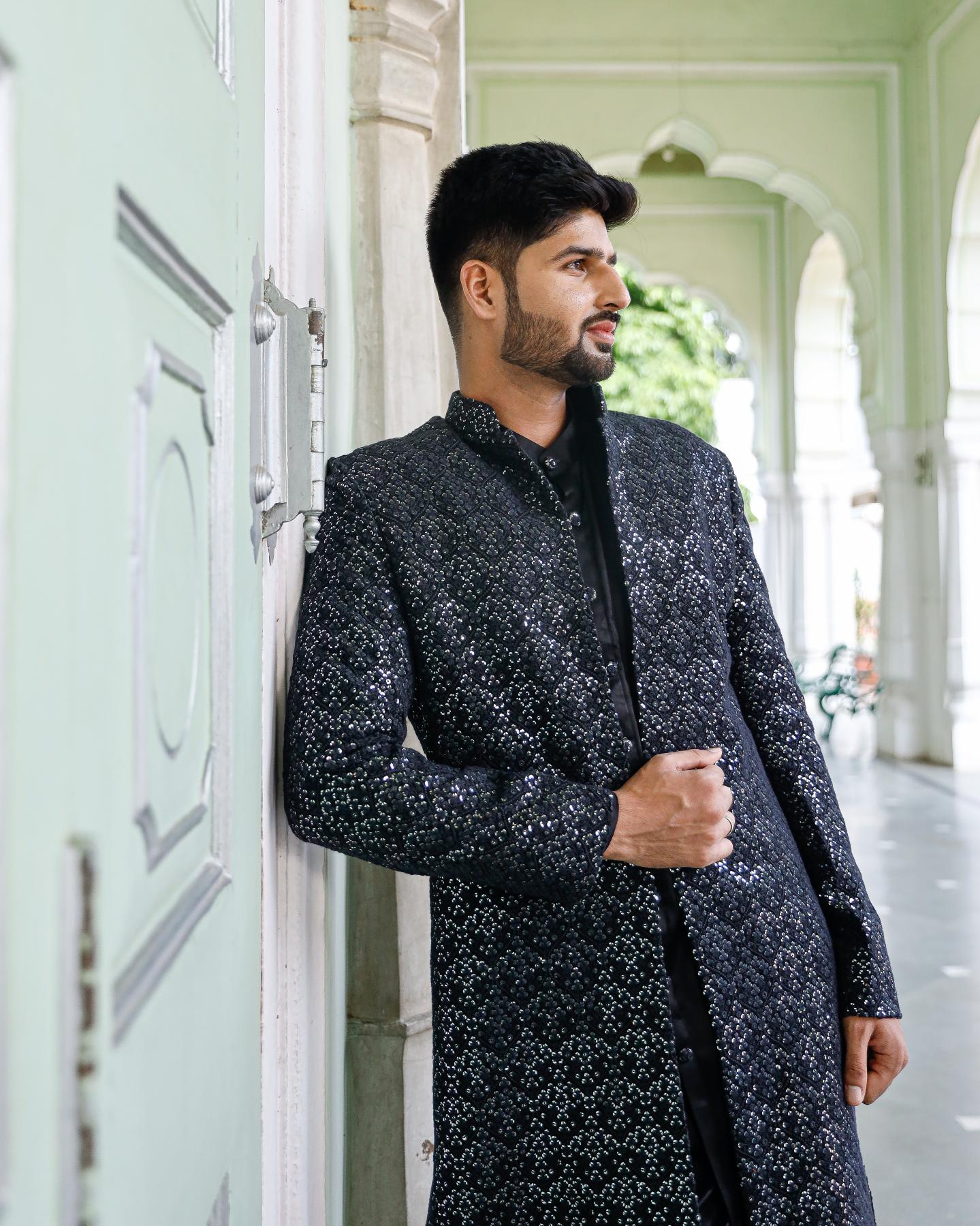 classic black Chikenkari Indowestern Set with shoe