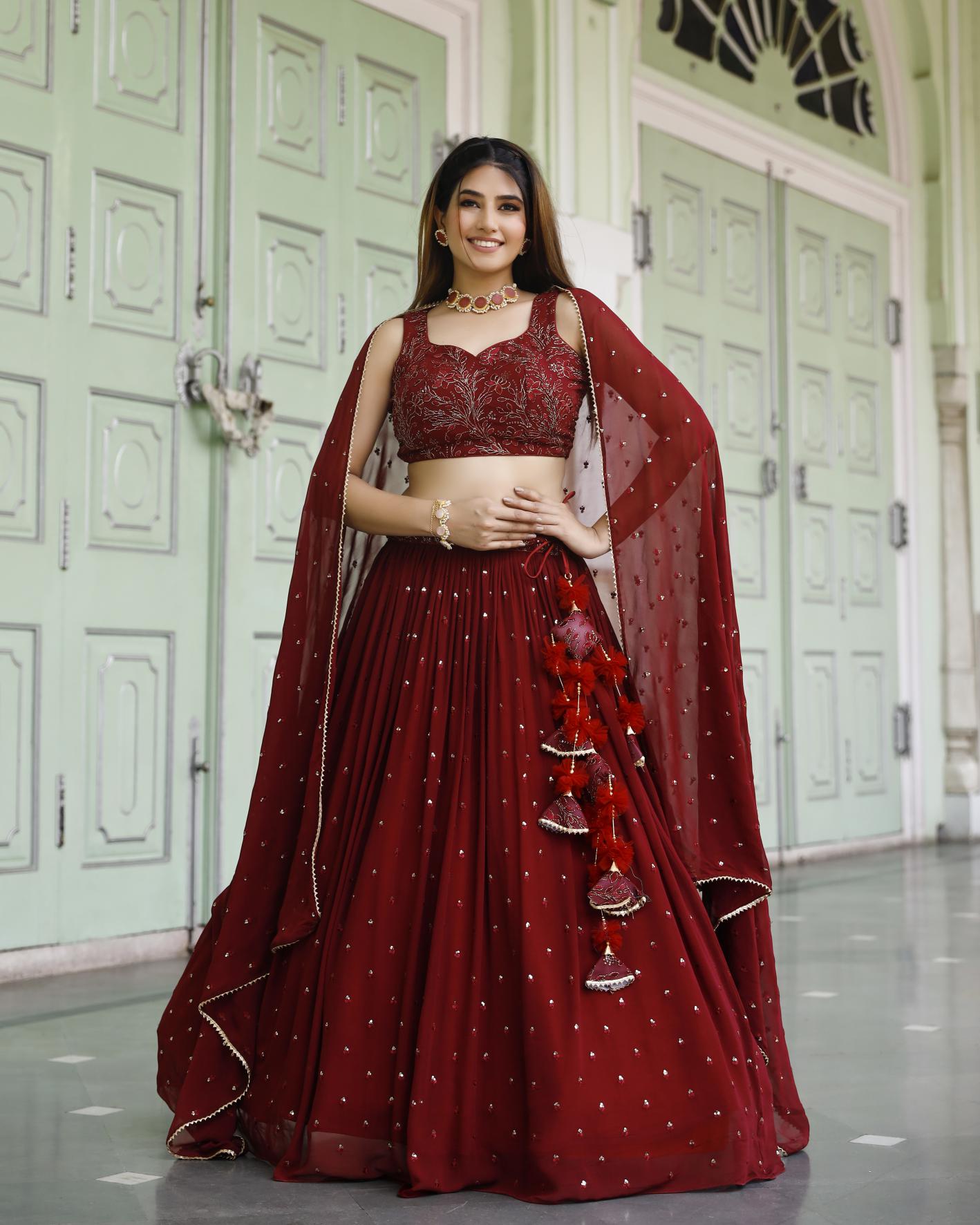 Crimson Color Self Embellished Lehenga Set