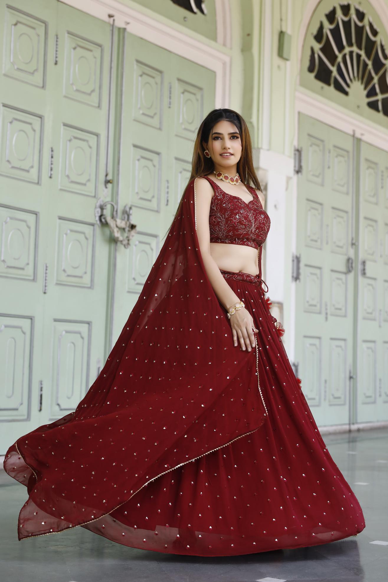 Crimson Color Self Embellished Lehenga Set