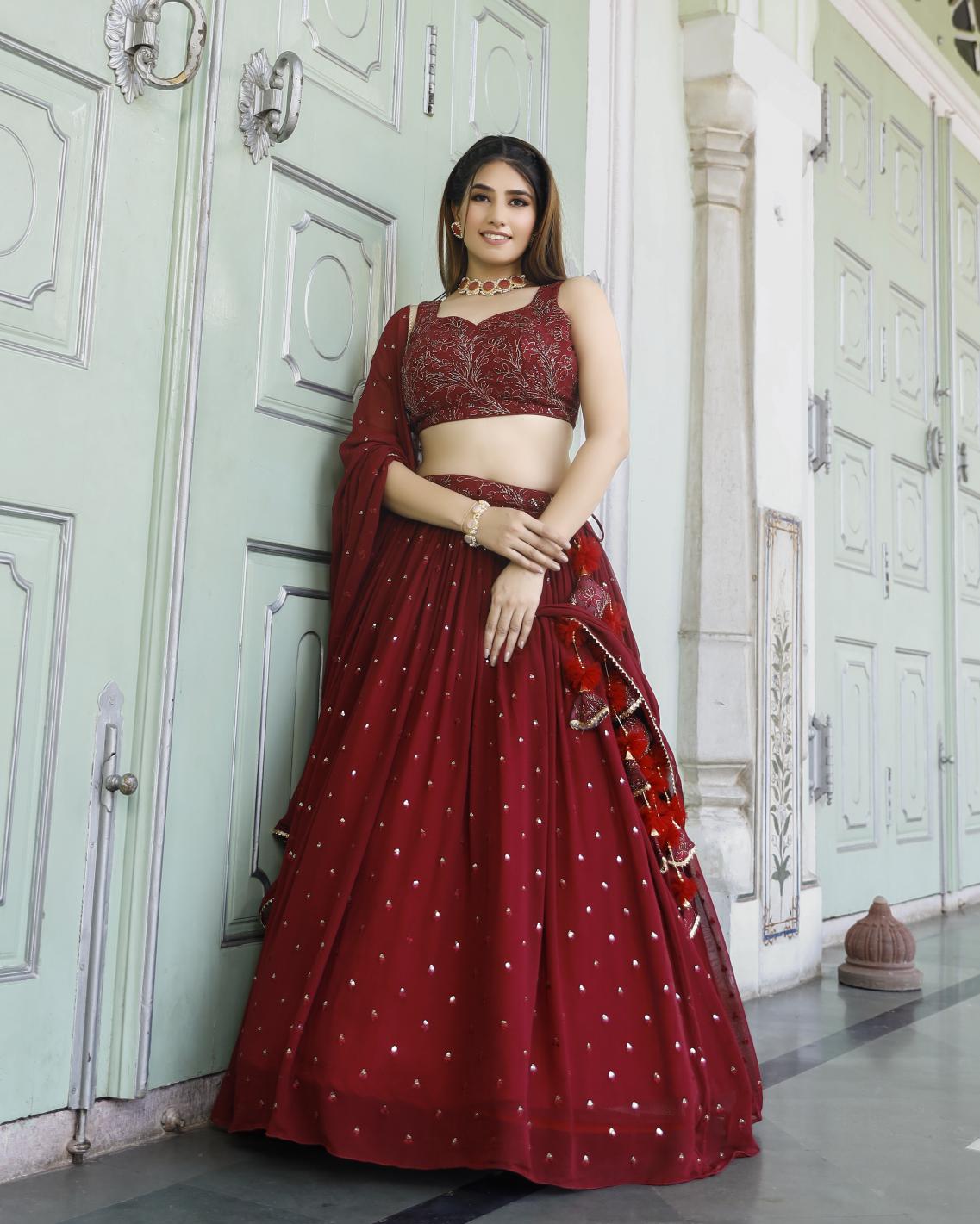 Crimson Color Self Embellished Lehenga Set