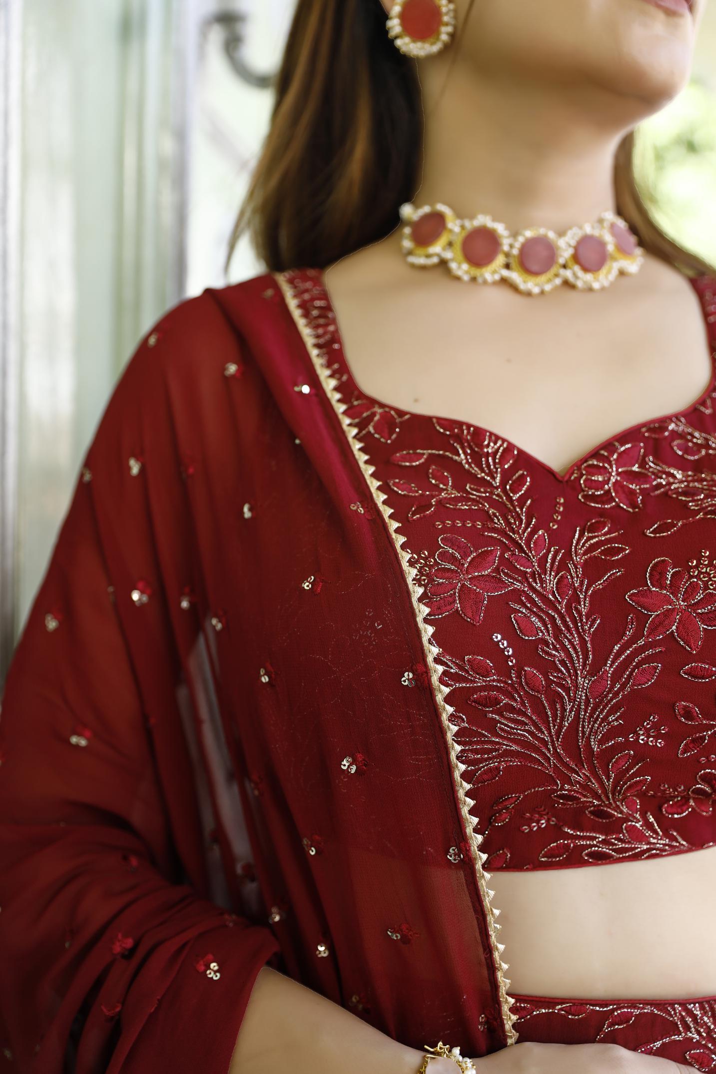 Crimson Color Self Embellished Lehenga Set