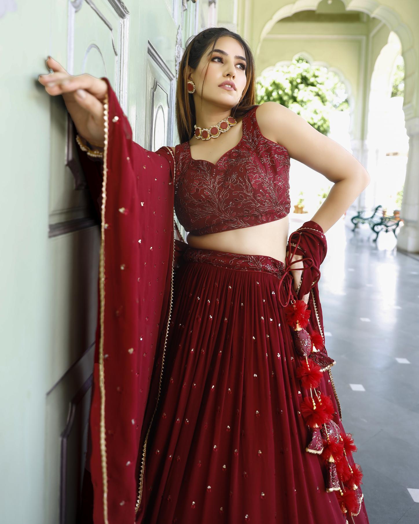 Crimson Color Self Embellished Lehenga Set
