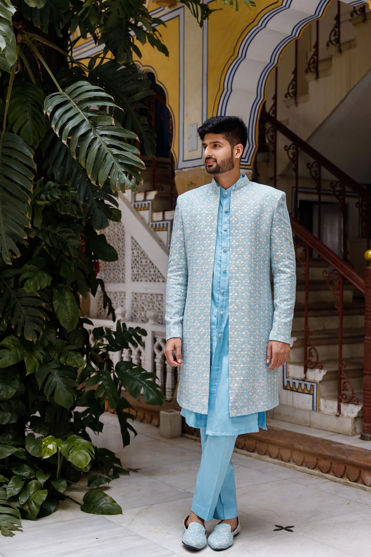 Amani Sky Blue Georgette Chikenkari Indowestern Set