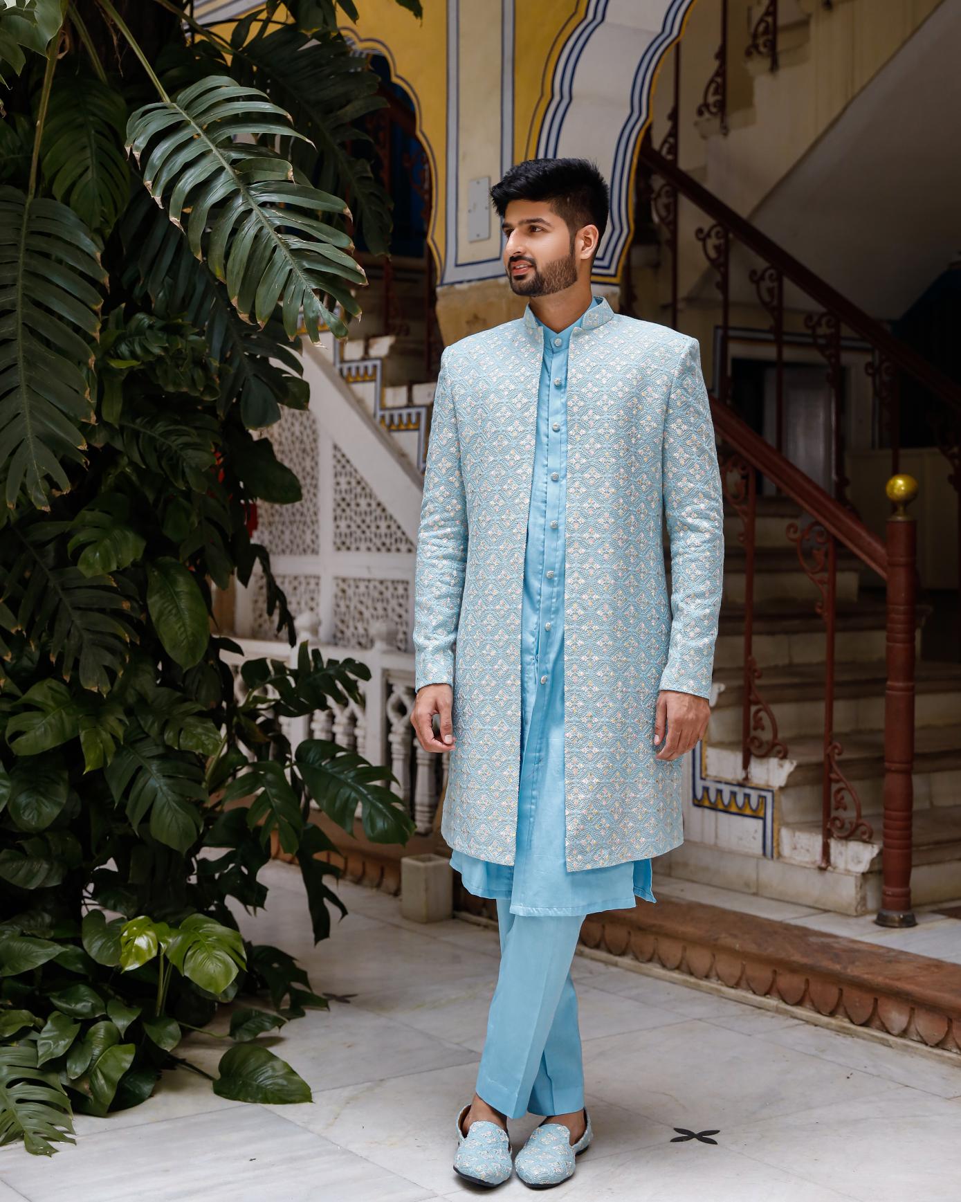 Amani Sky Blue Georgette Chikenkari Indowestern Set