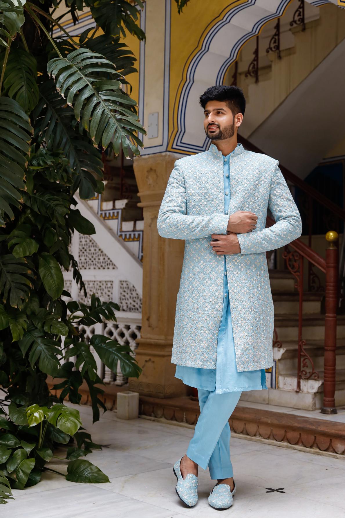 Amani Sky Blue Georgette Chikenkari Indowestern Set