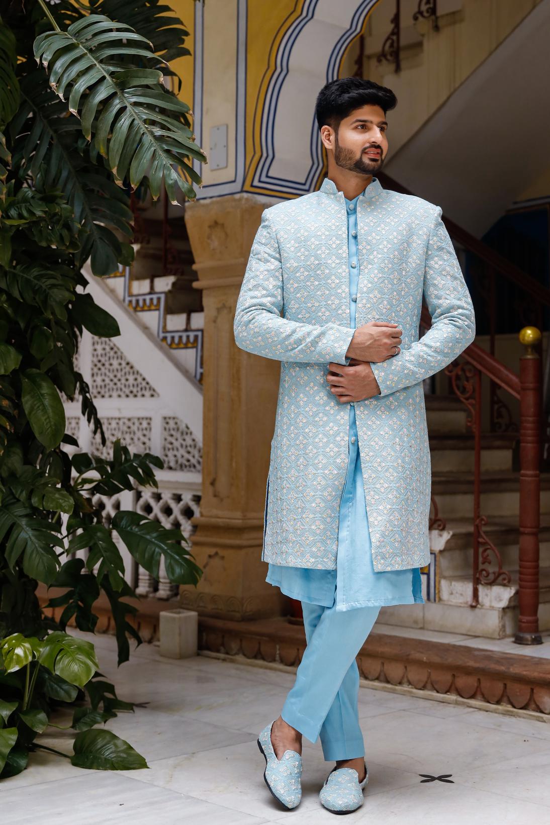 Amani Sky Blue Georgette Chikenkari Indowestern Set
