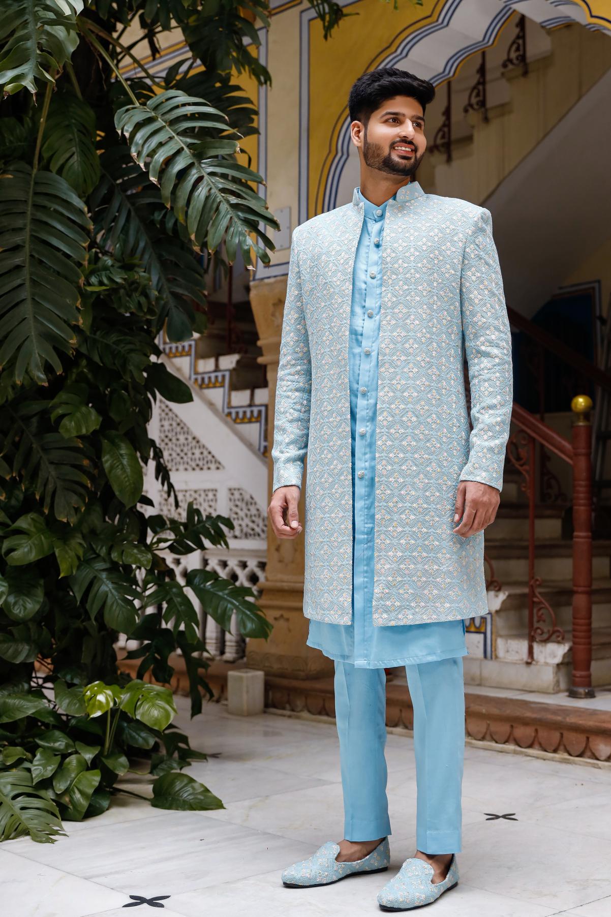 Amani Sky Blue Georgette Chikenkari Indowestern Set