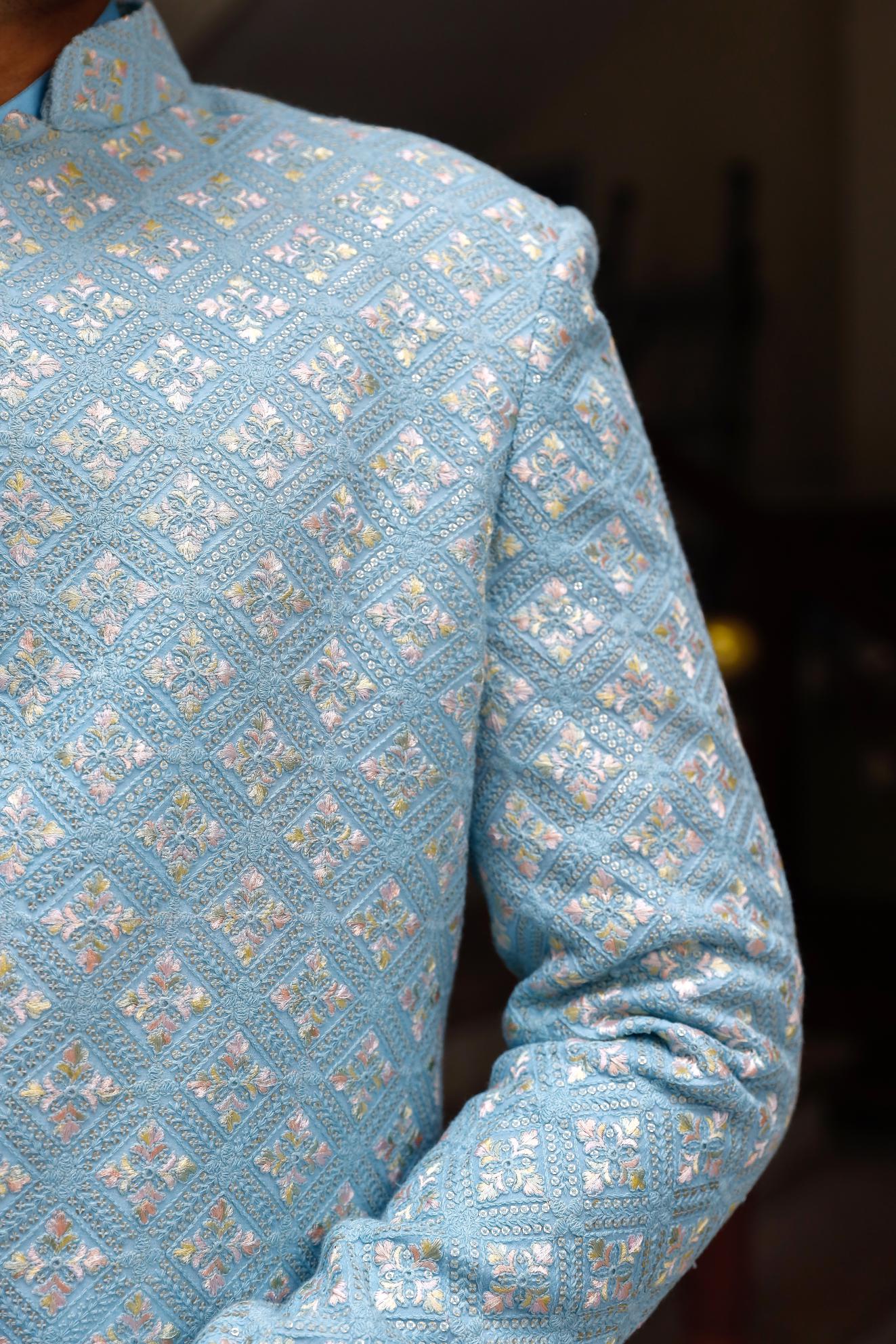 Amani Sky Blue Georgette Chikenkari Indowestern Set