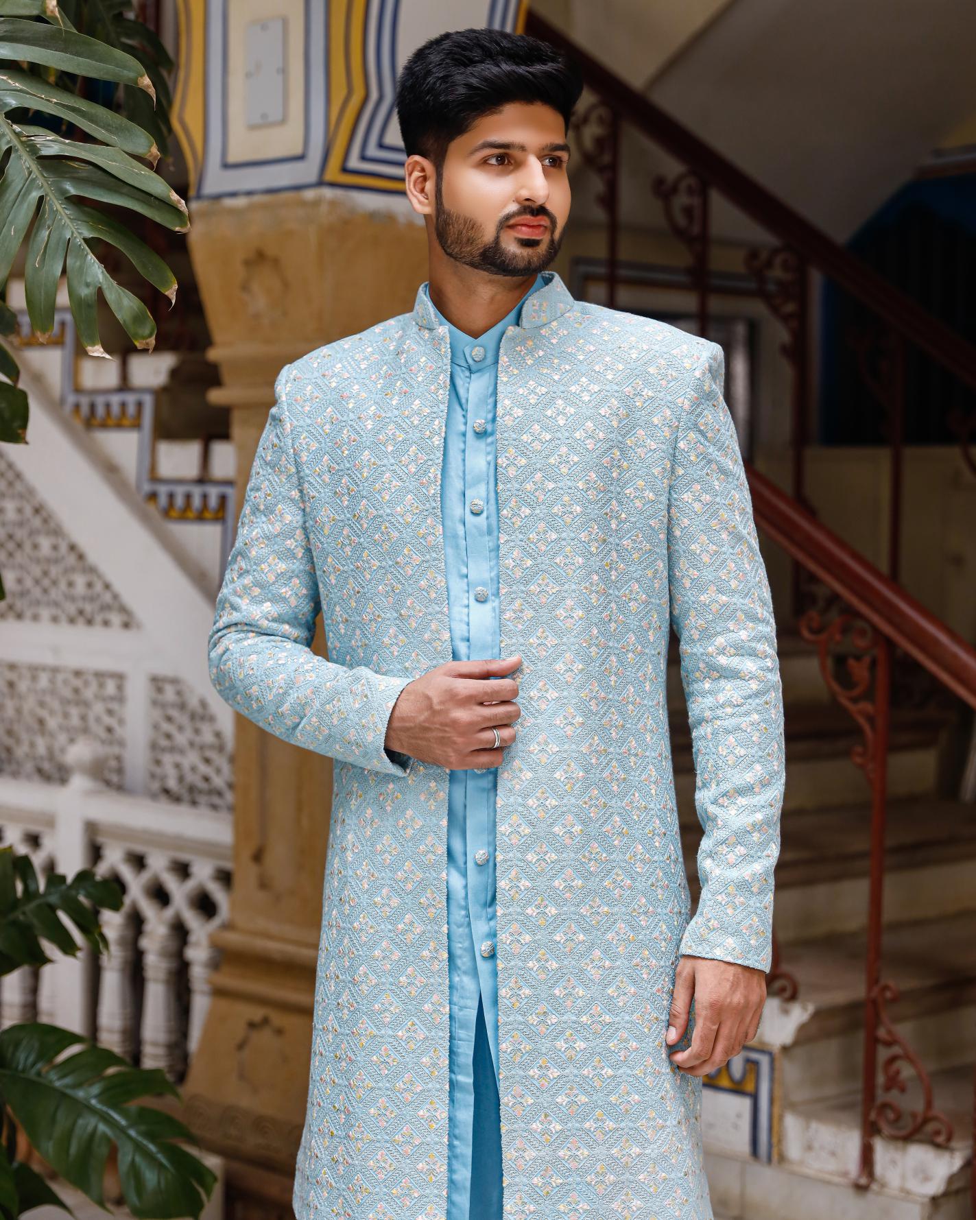 Amani Sky Blue Georgette Chikenkari Indowestern Set