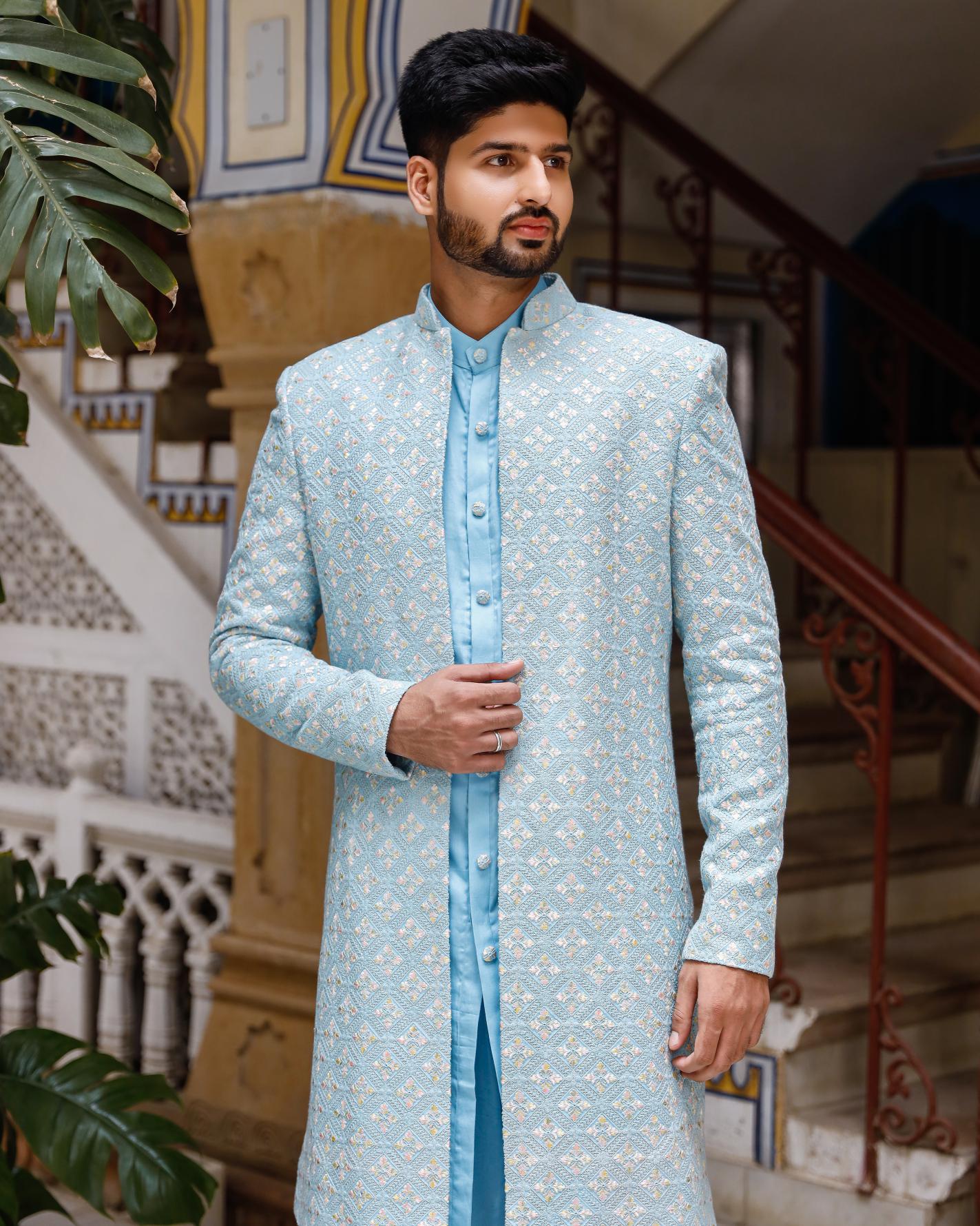 Amani Sky Blue Georgette Chikenkari Indowestern Set