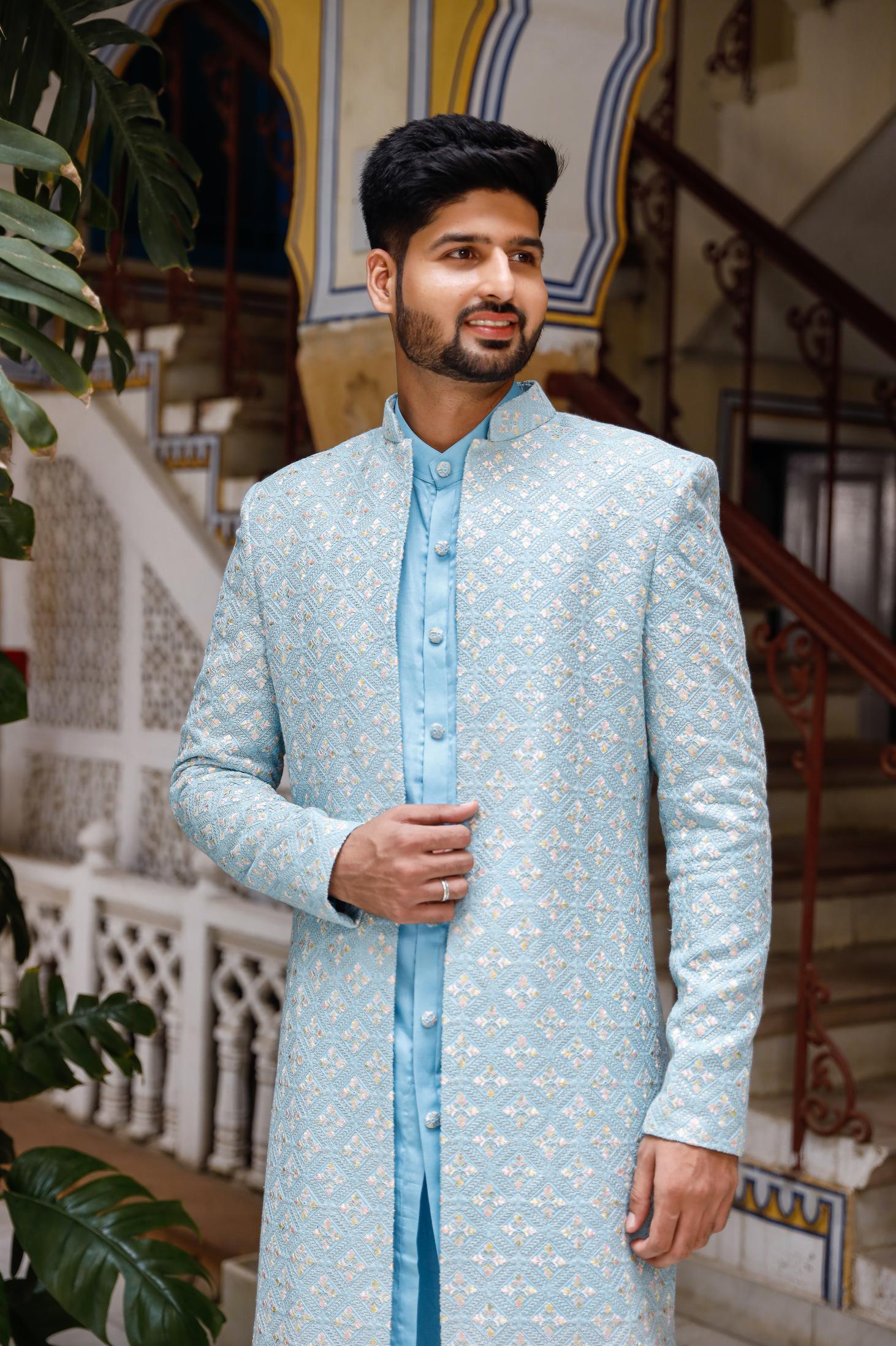 Amani Sky Blue Georgette Chikenkari Indowestern Set