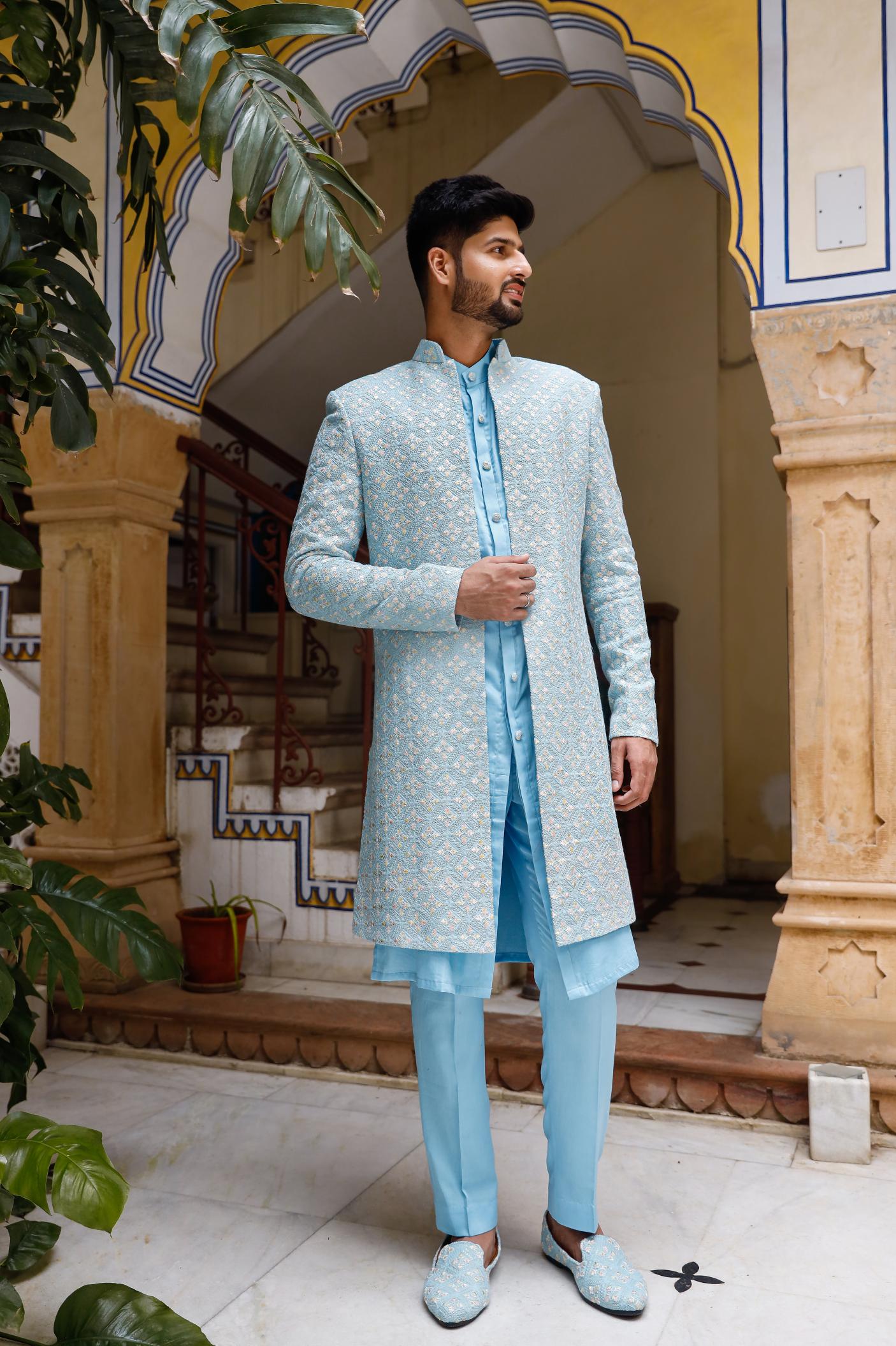 Amani Sky Blue Georgette Chikenkari Indowestern Set