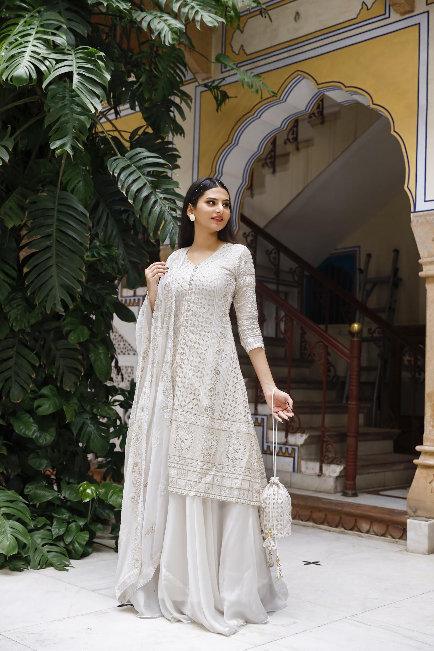 Off White Kurti And Skirt Set