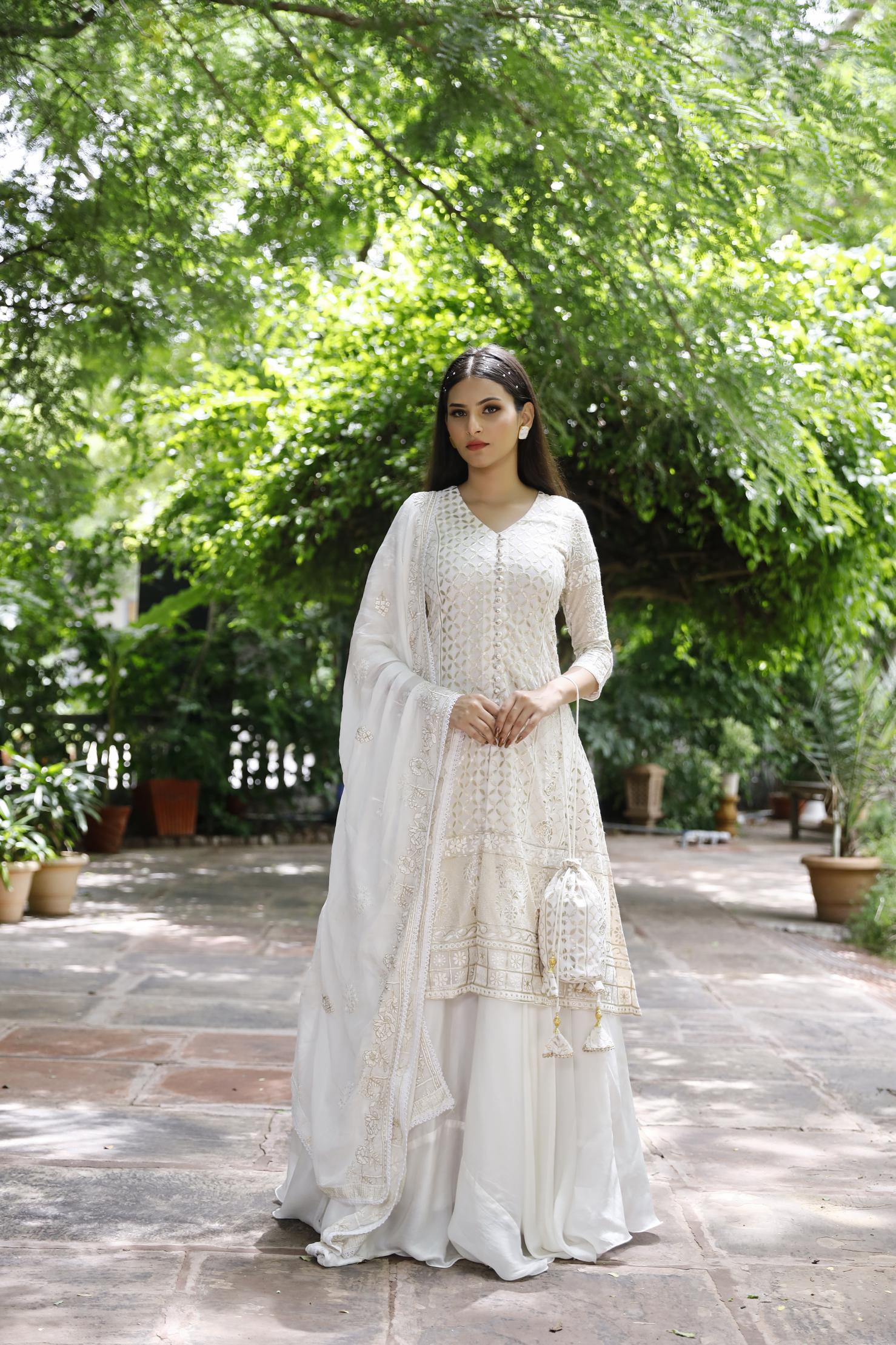 Off White Kurti And Skirt Set