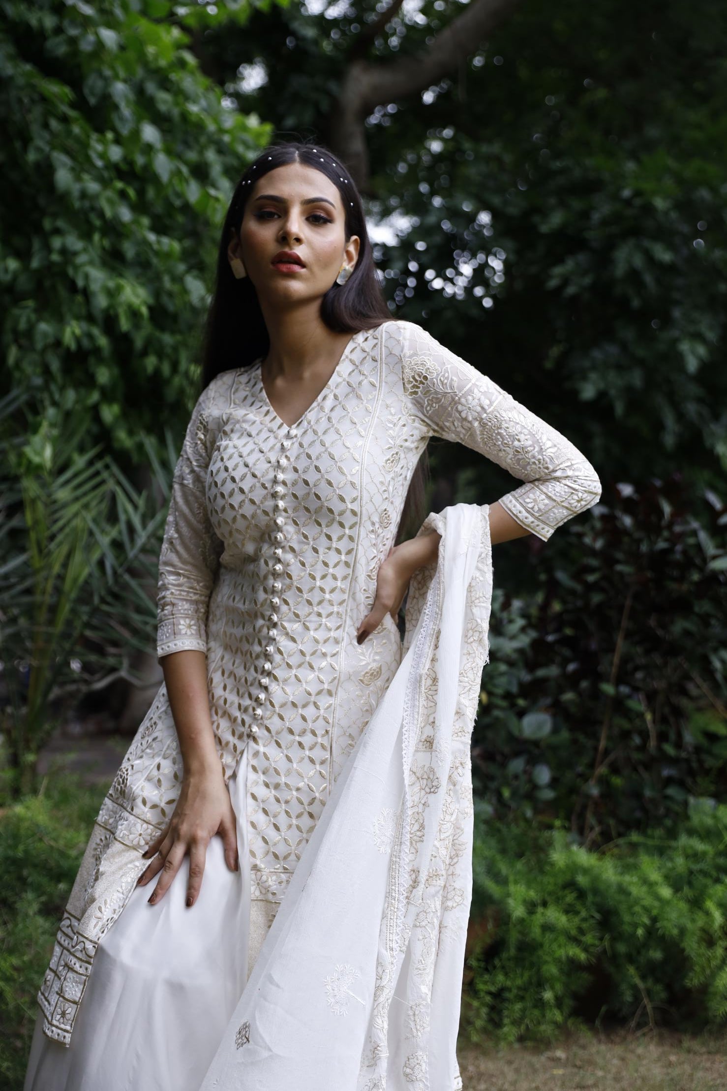 Off White Kurti And Skirt Set