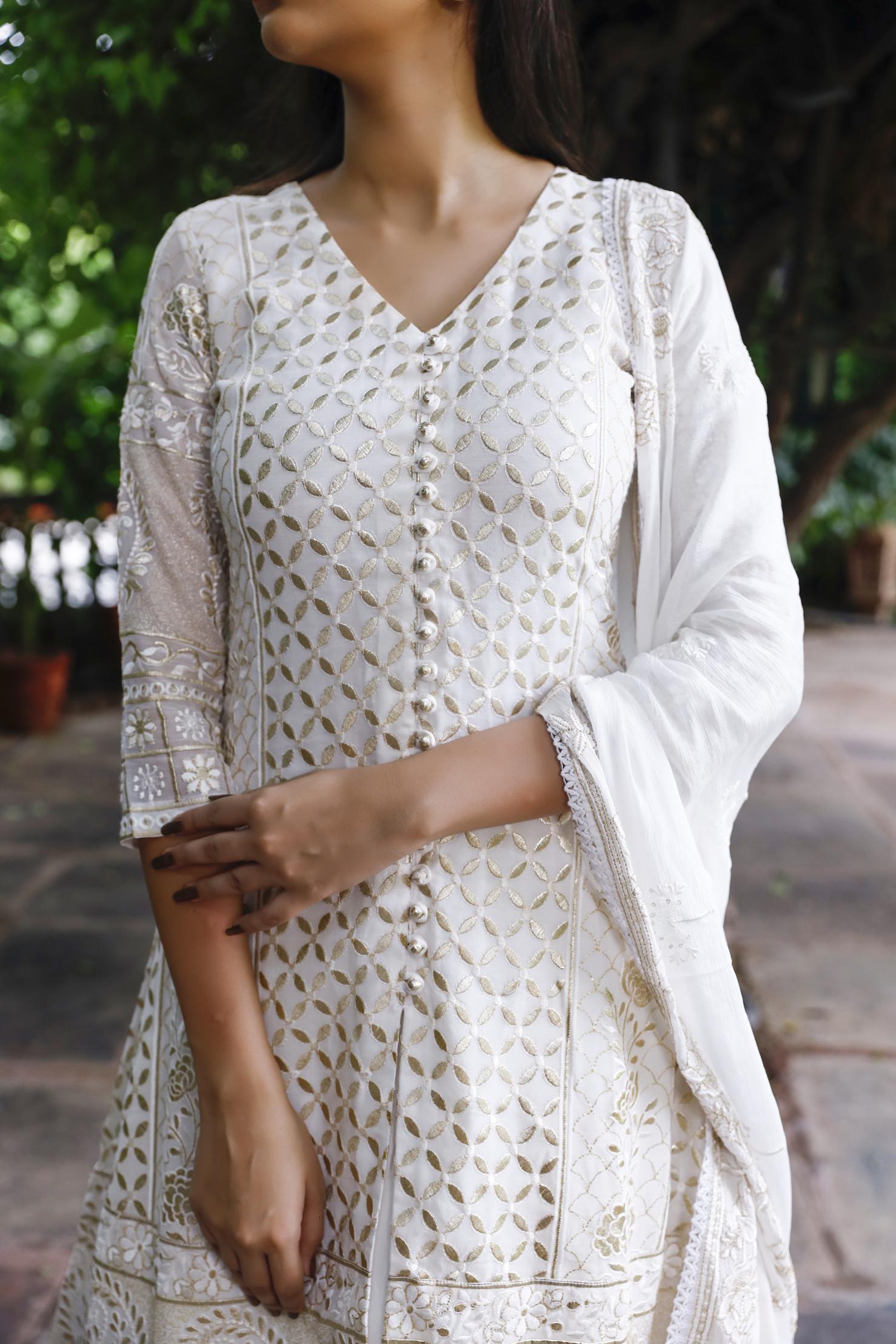 Off White Kurti And Skirt Set