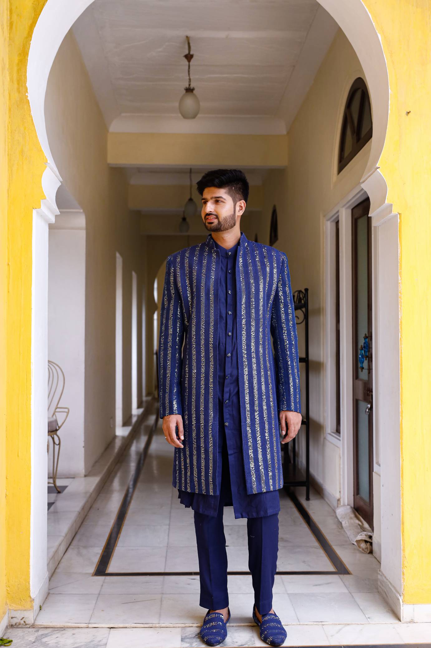 Deep Blue Chikenkari Sherwani set with shoe