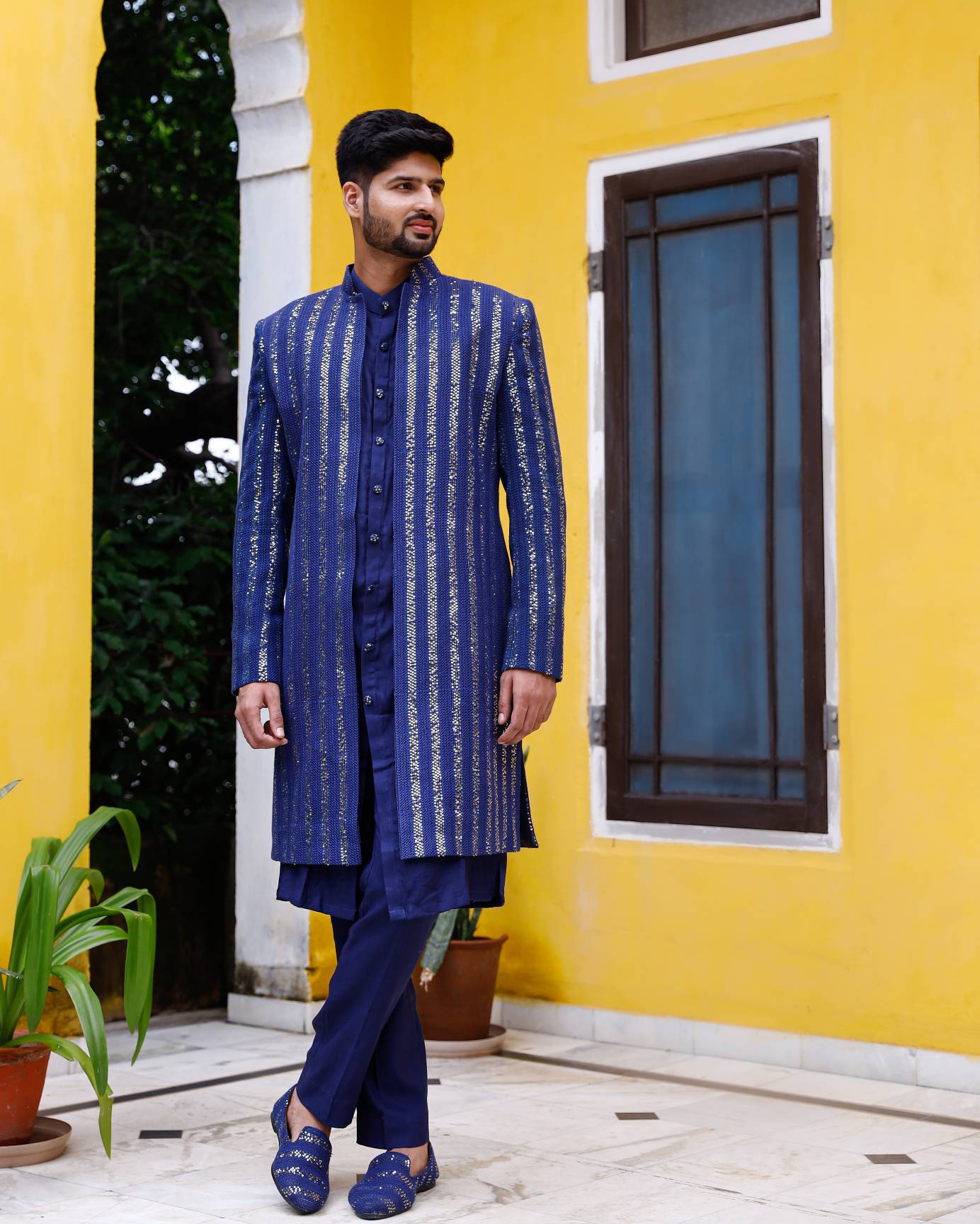 Deep Blue Chikenkari Sherwani set with shoe